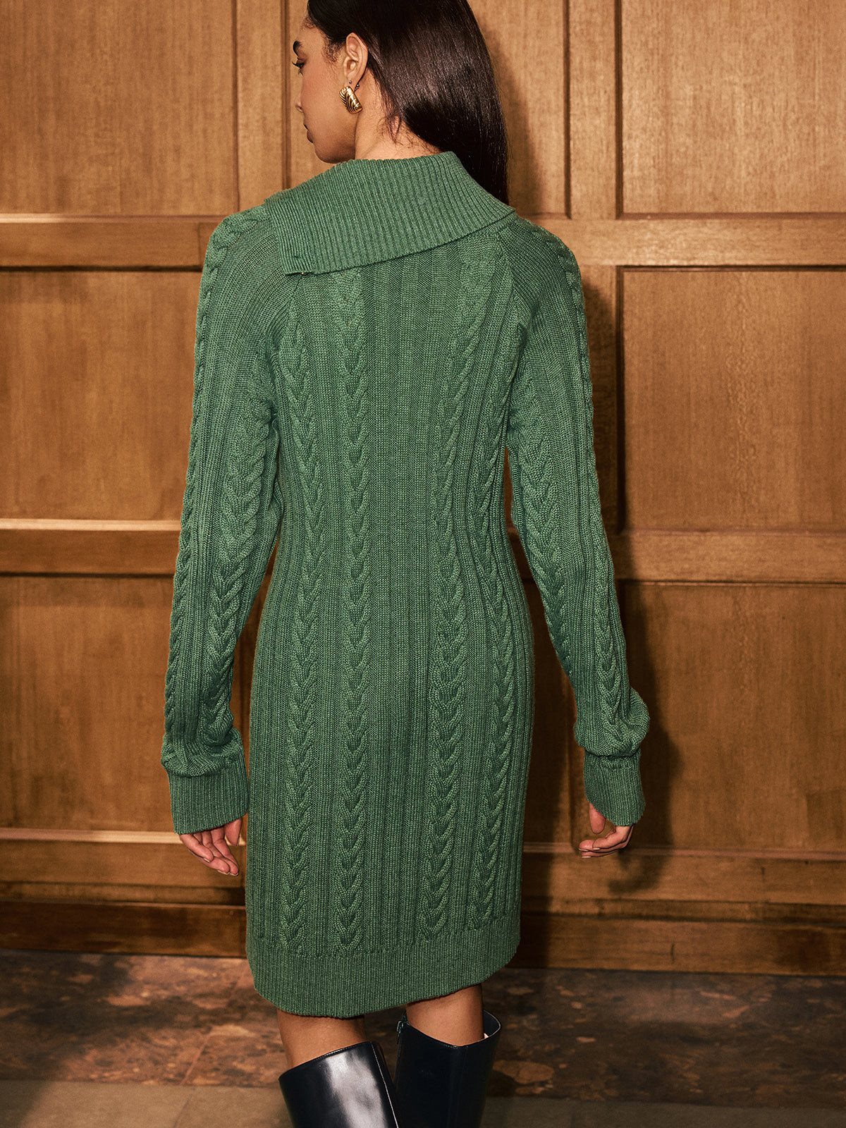 Asymmetric Collar Cable-Knit Sweater Dress
