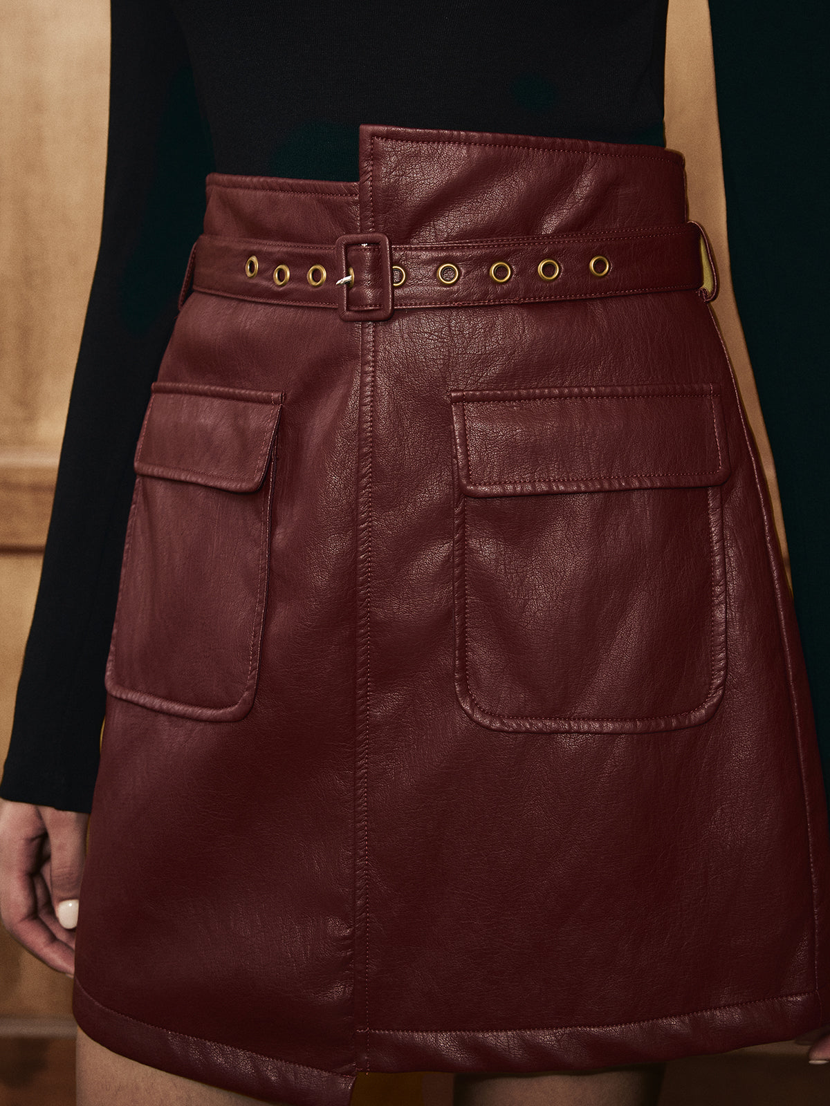 Belted Asymmetric Faux Leather Mini Skirt