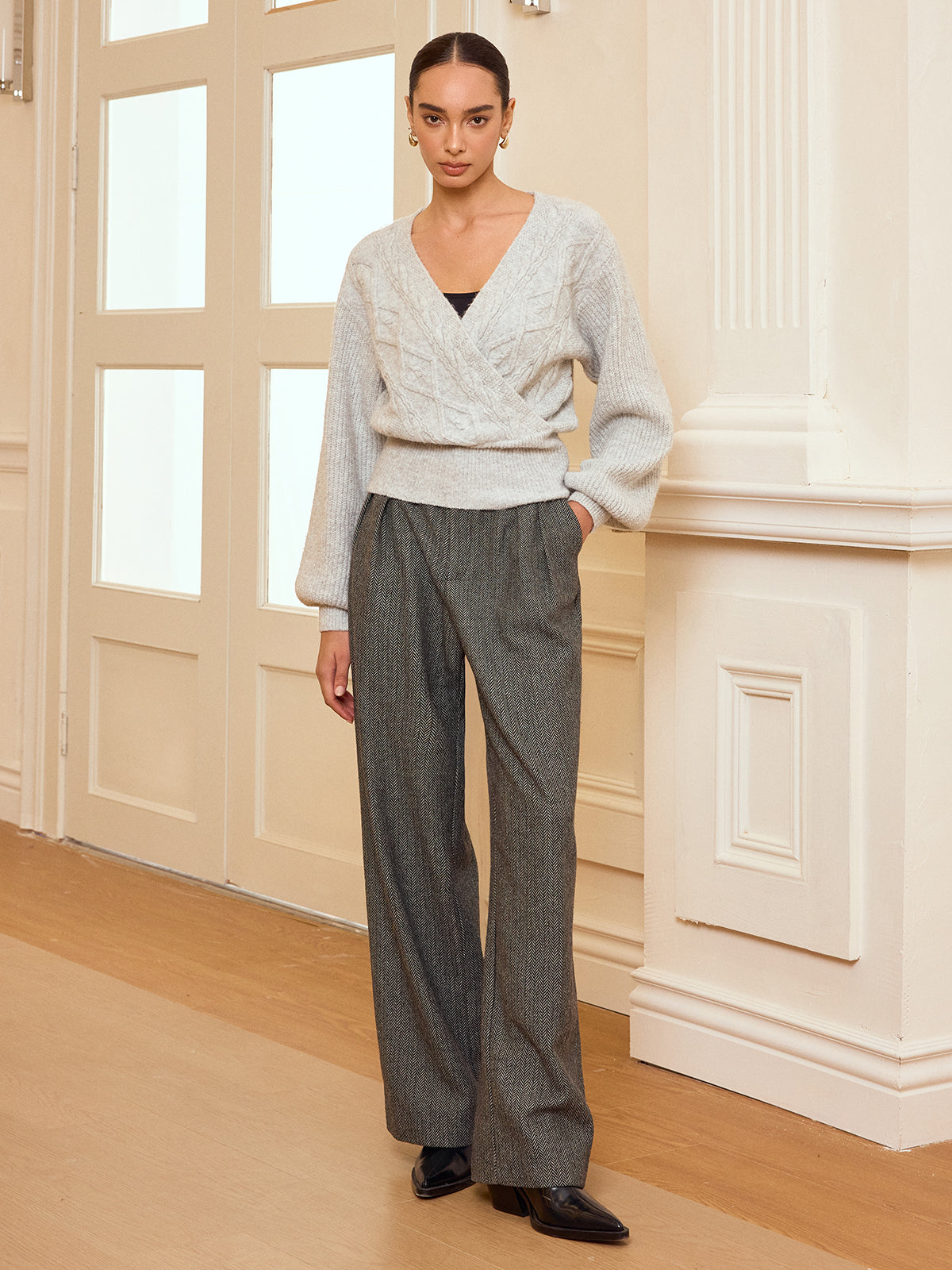 Cable Knit Wrap V-Neck Balloon Sleeve Sweater