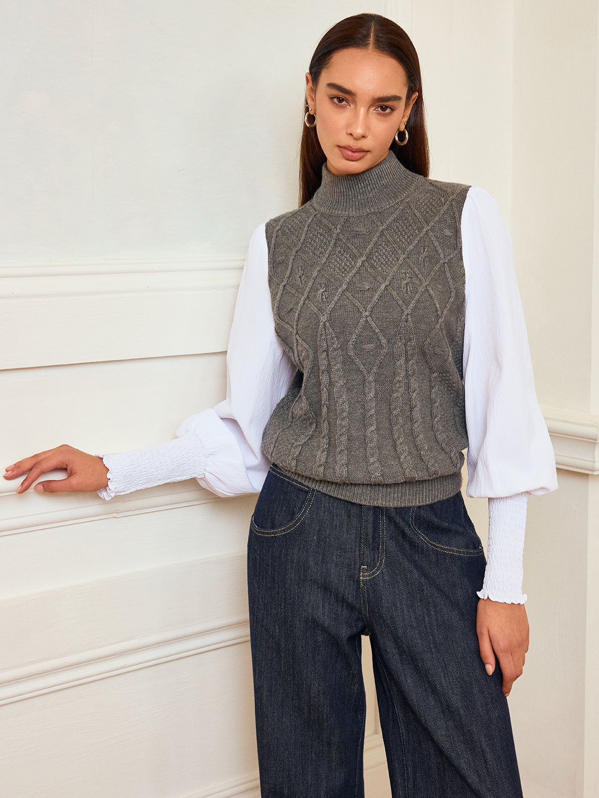 Leg-Of-Mutton Sleeve Panel Cable-Knit Sweater