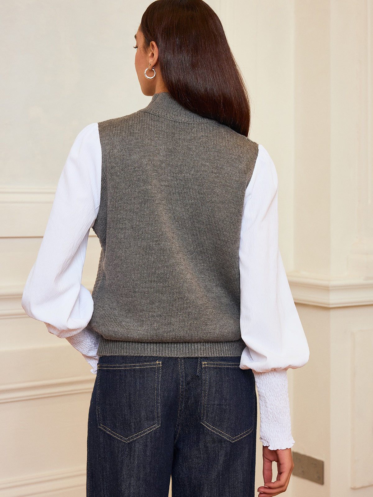 Leg-Of-Mutton Sleeve Panel Cable-Knit Sweater