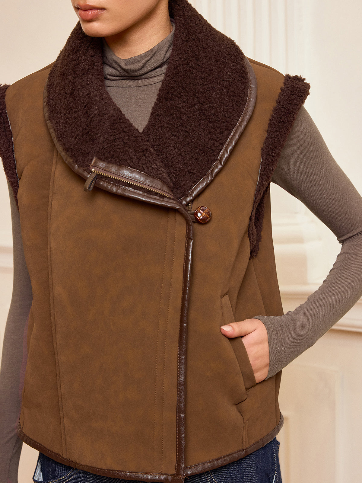 Collared Zip-Up Shearling Vest