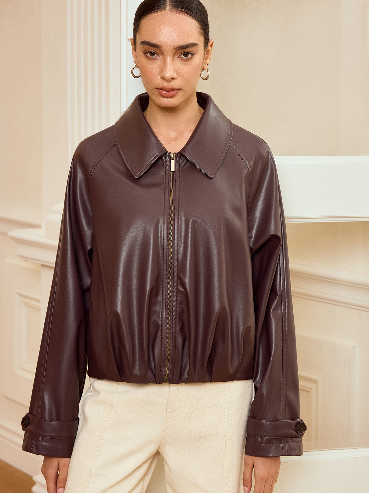 Collared Zip-Up Faux Leather Jacket