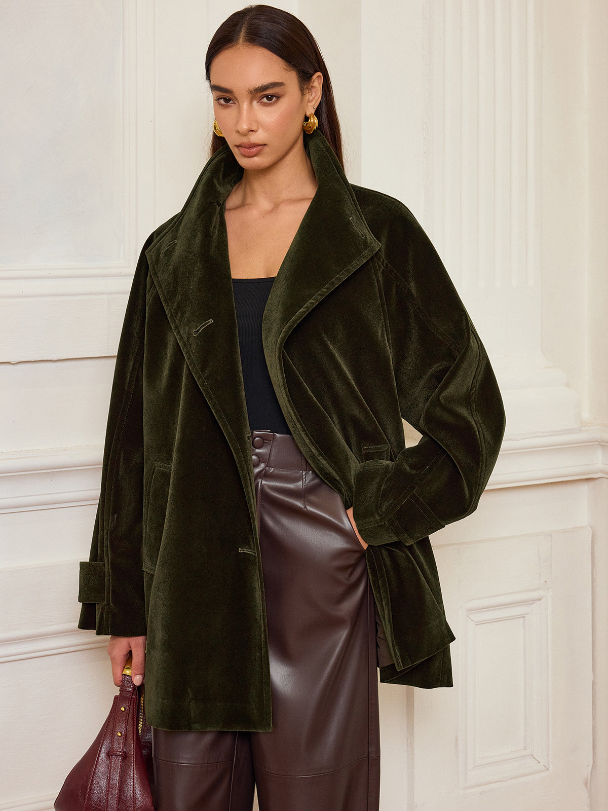 Pocketed Velvet Coat without Belt