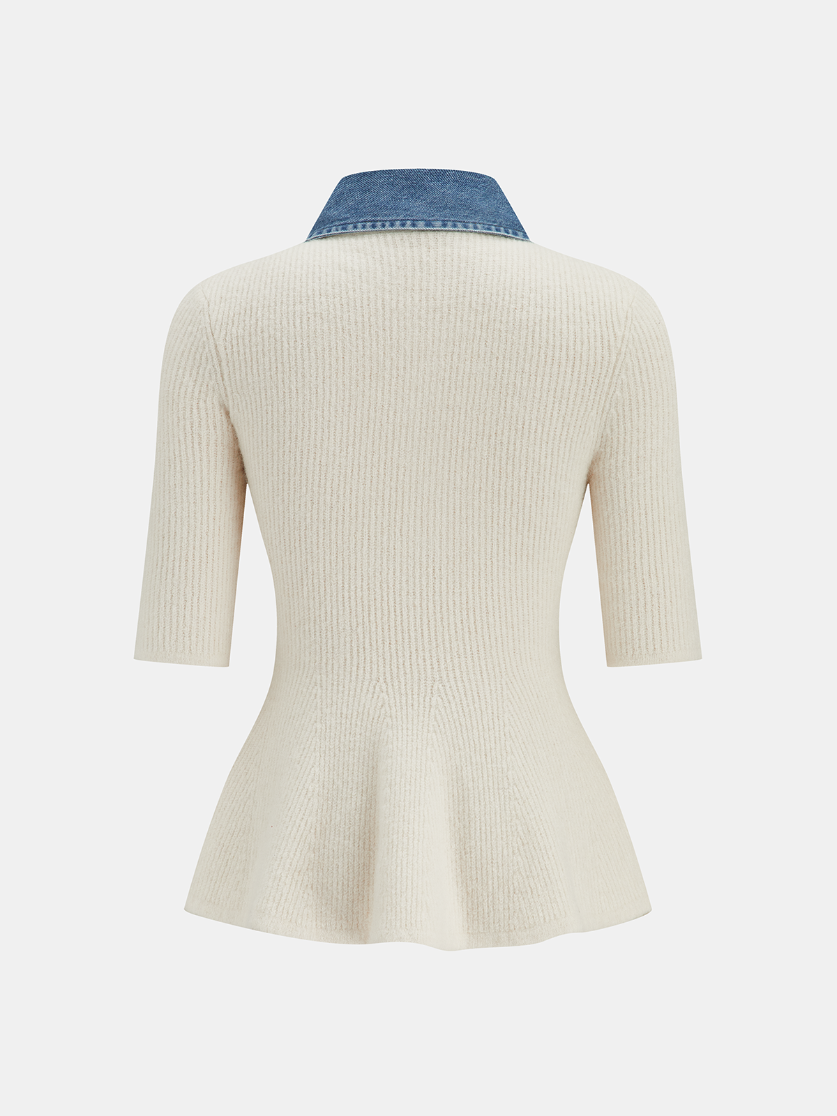 Denim Panel Wool-Blend Peplum Knit Top