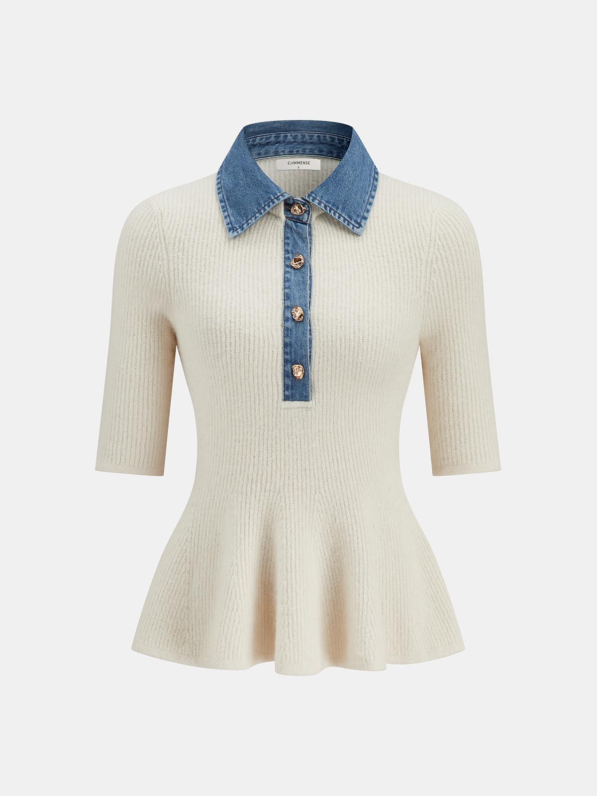 Denim Panel Wool-Blend Peplum Knit Top