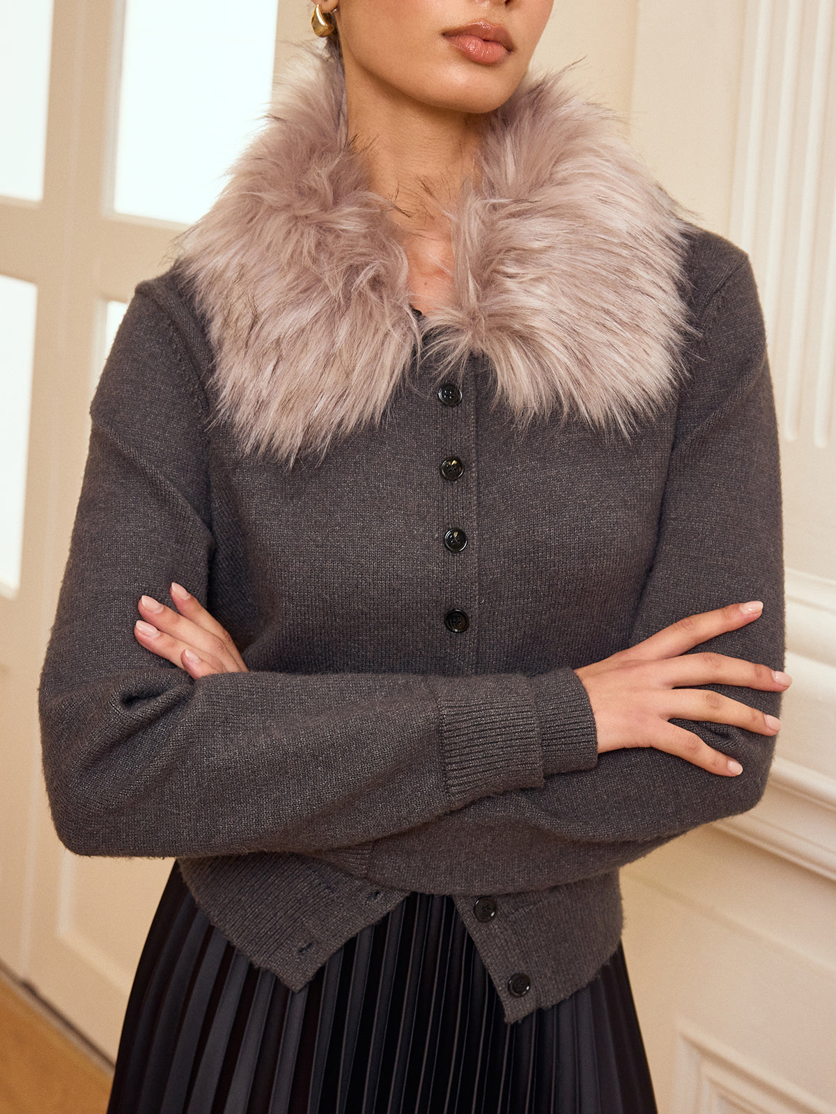 Faux Fur Collar Button-Front Cardigan