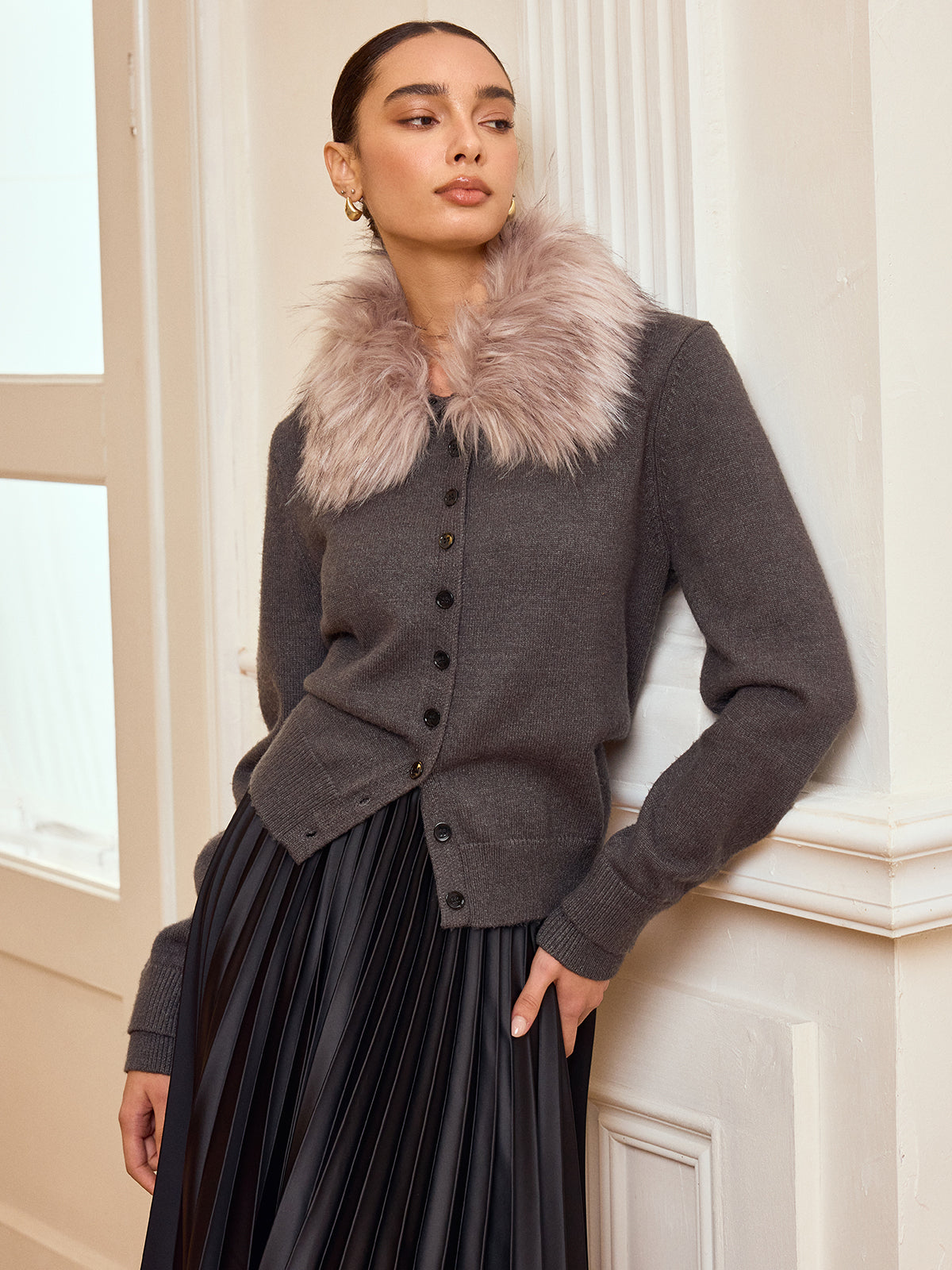 Faux Fur Collar Button-Front Cardigan