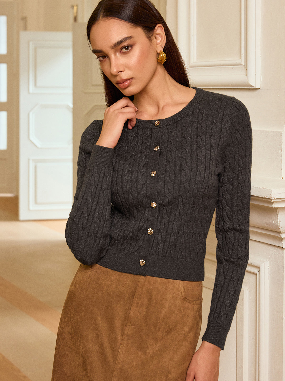 Metal Button Cable-Knit Cardigan