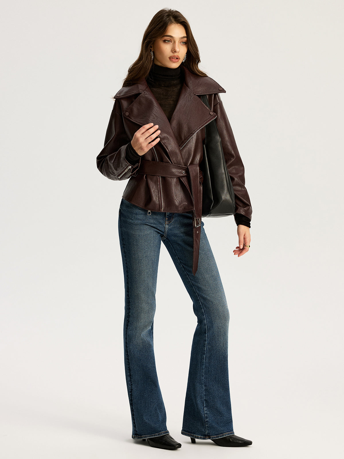 Zip Front Belted Faux Leather Jacket