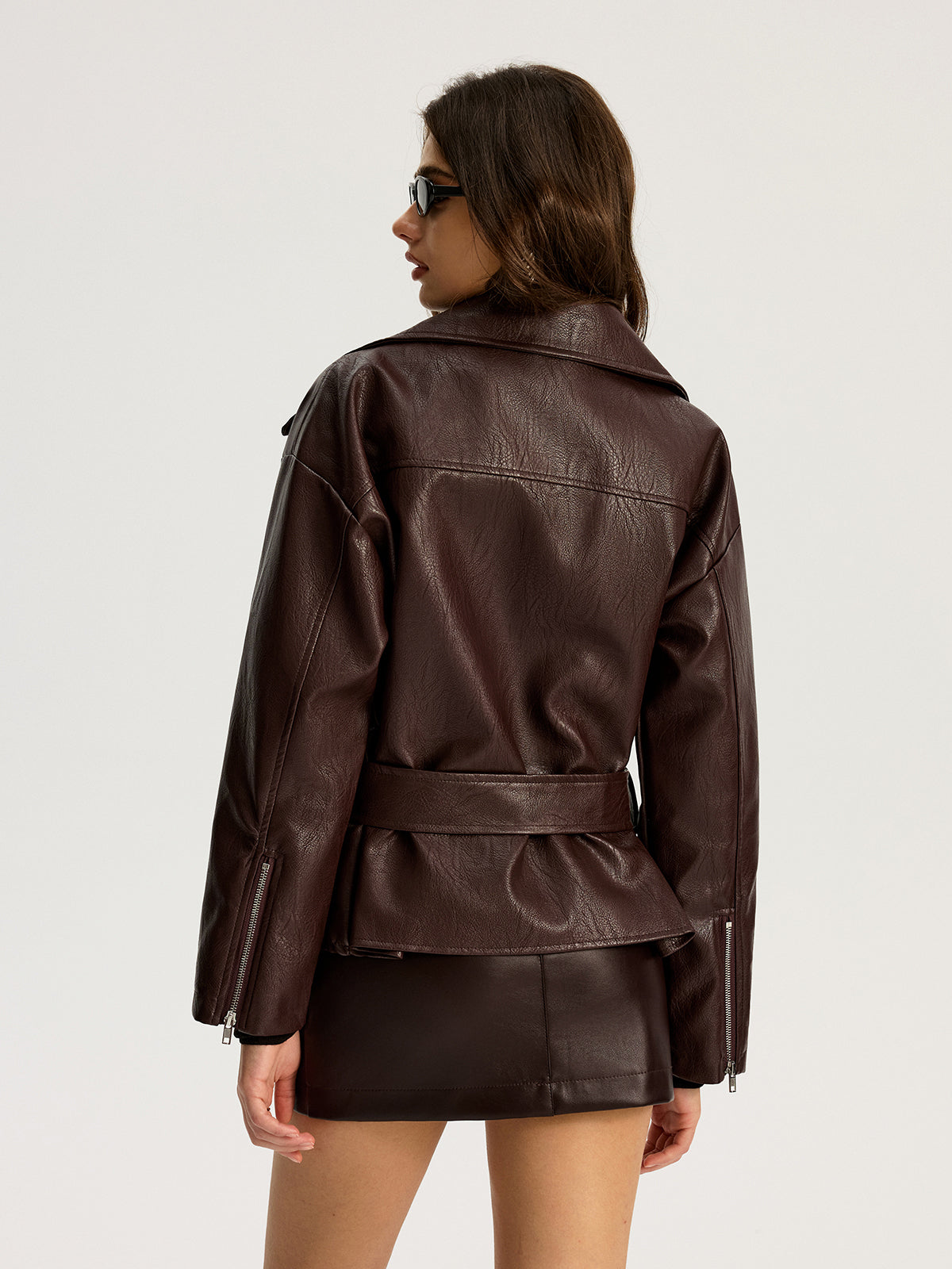 Zip Front Belted Faux Leather Jacket