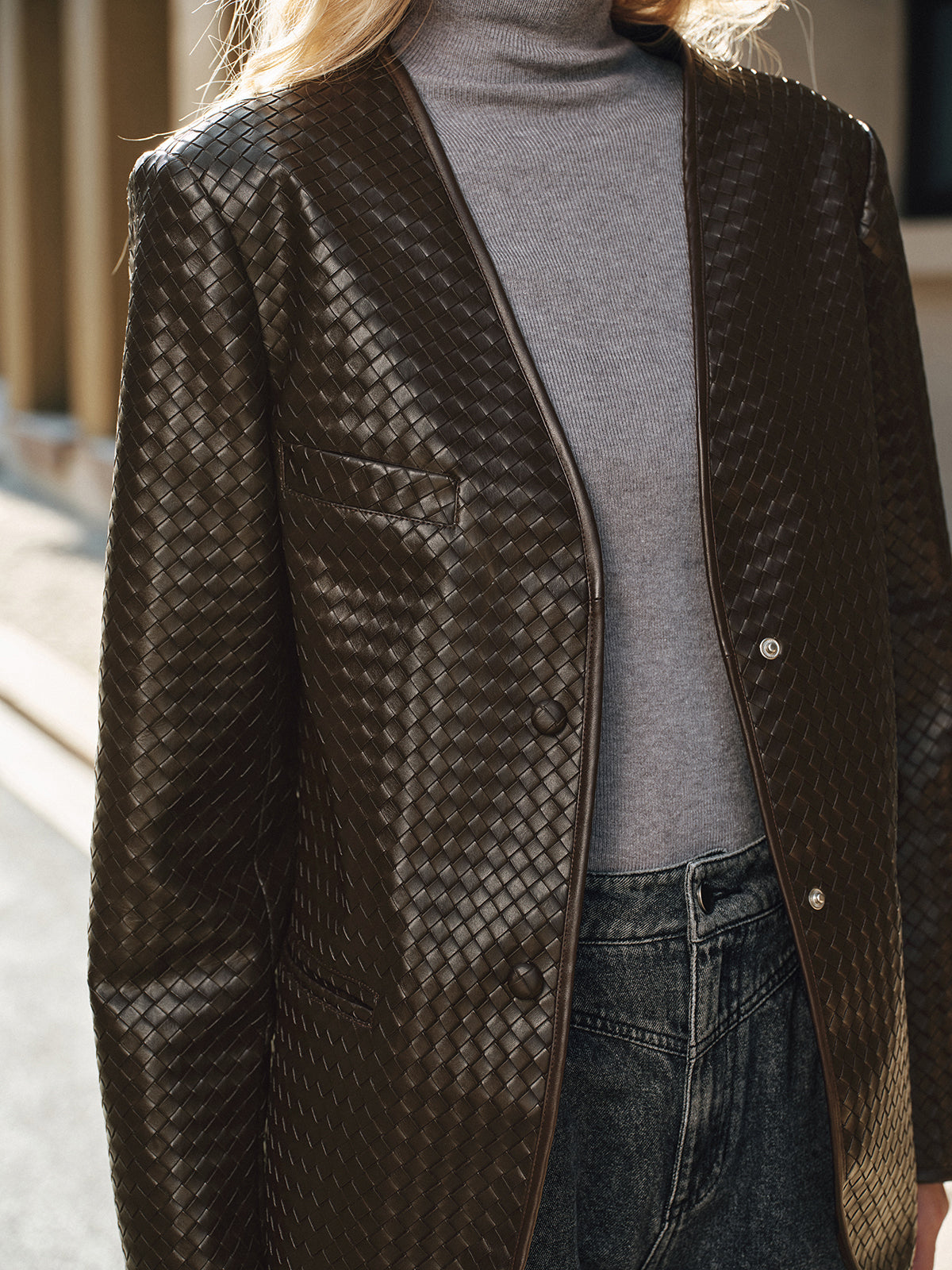 Woven-Texture Faux Leather Blazer