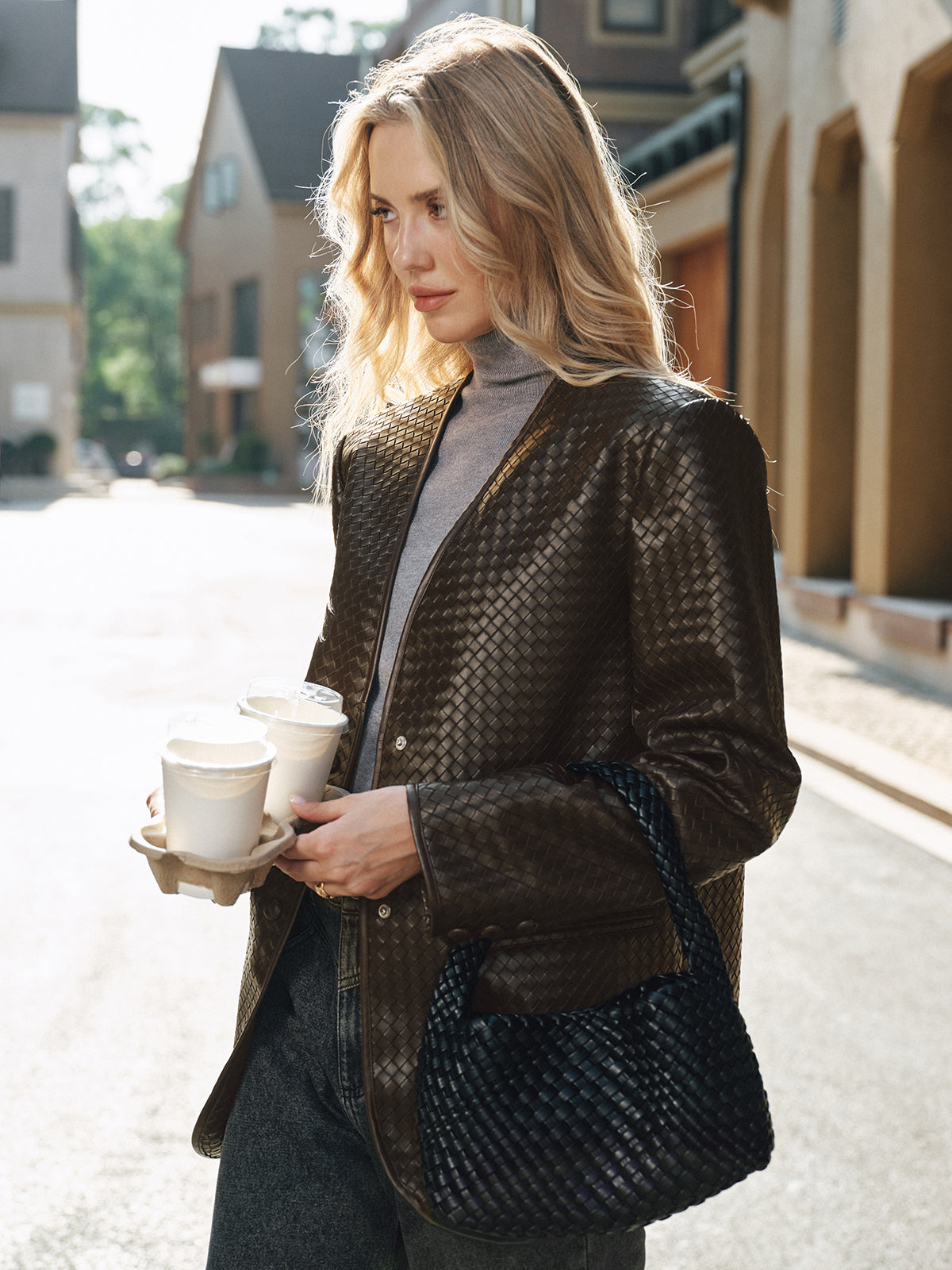 Woven-Texture Faux Leather Blazer