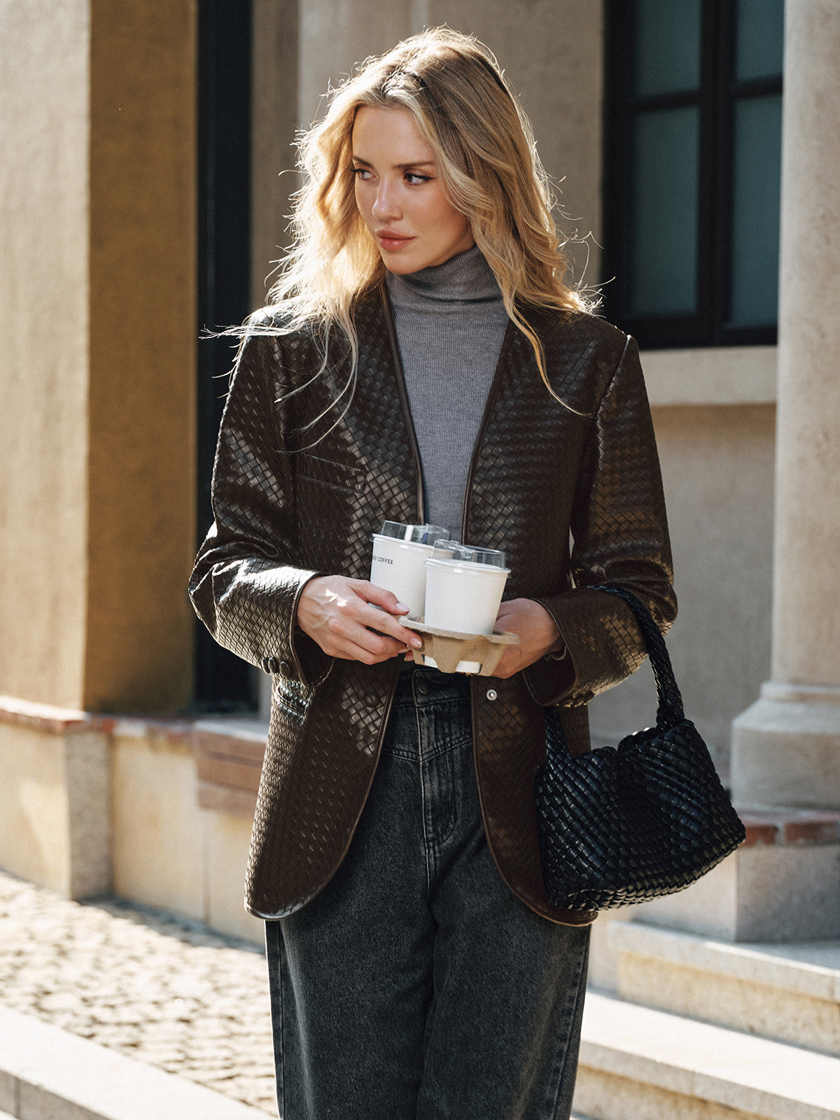 Woven-Texture Faux Leather Blazer