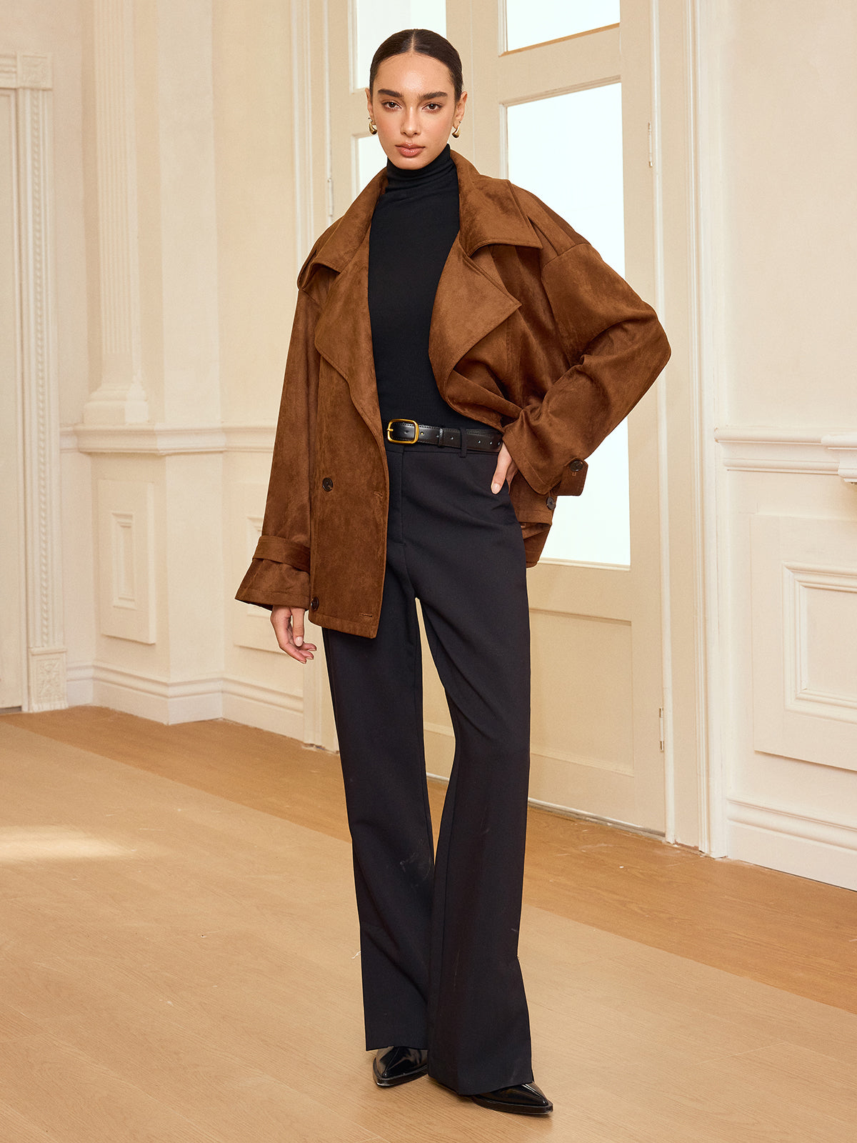 Lapel Suede Effect Belted Trench Coat