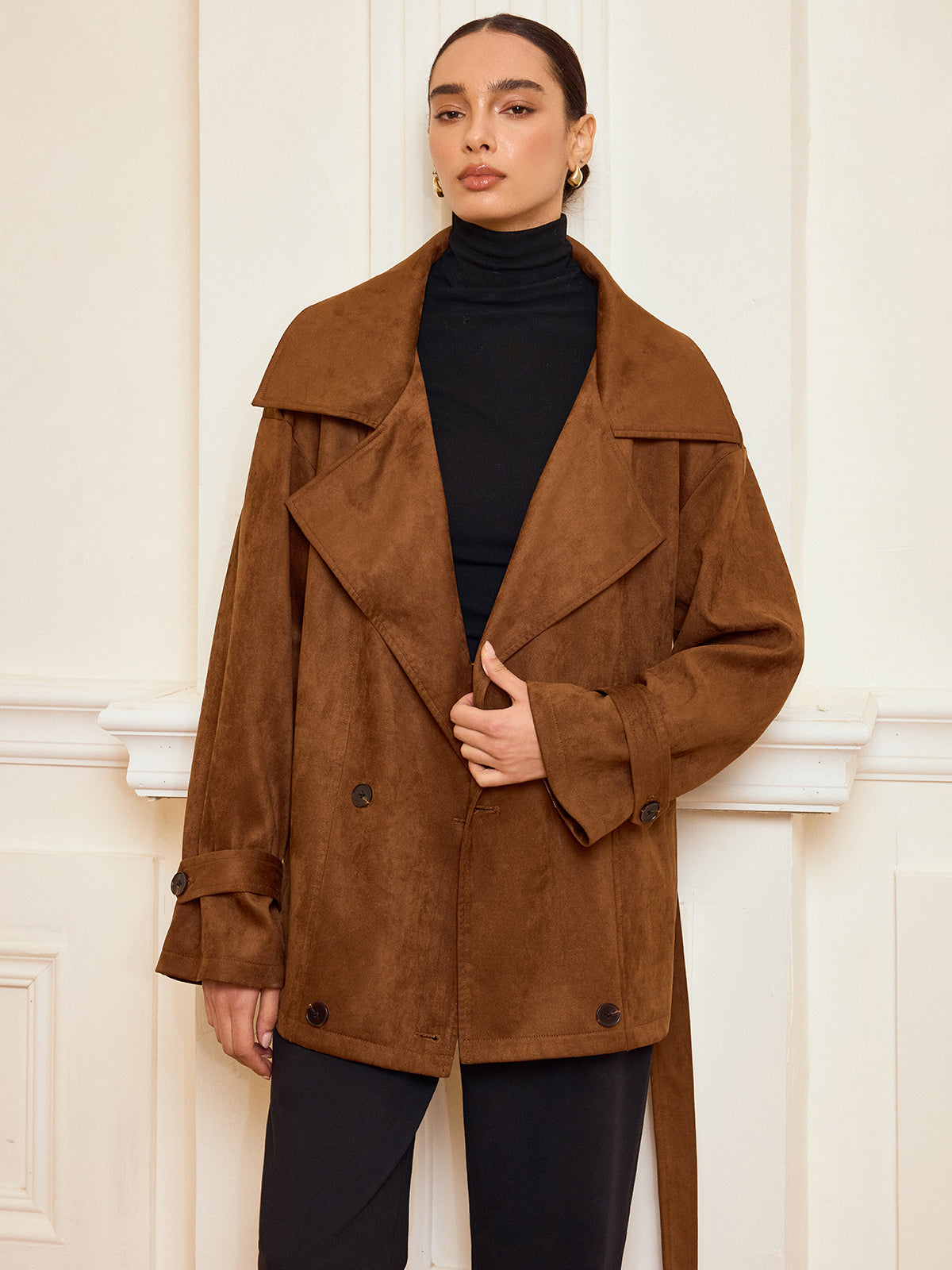 Lapel Suede Effect Belted Trench Coat
