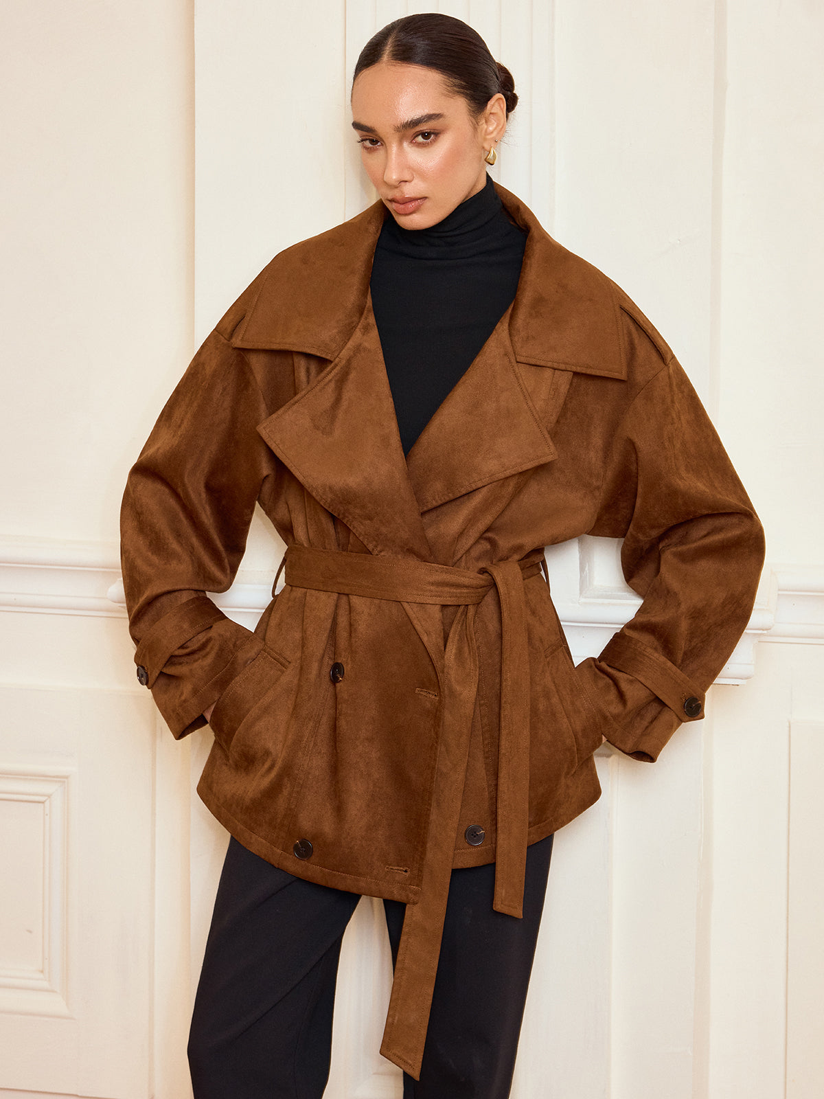 Lapel Suede Effect Belted Trench Coat