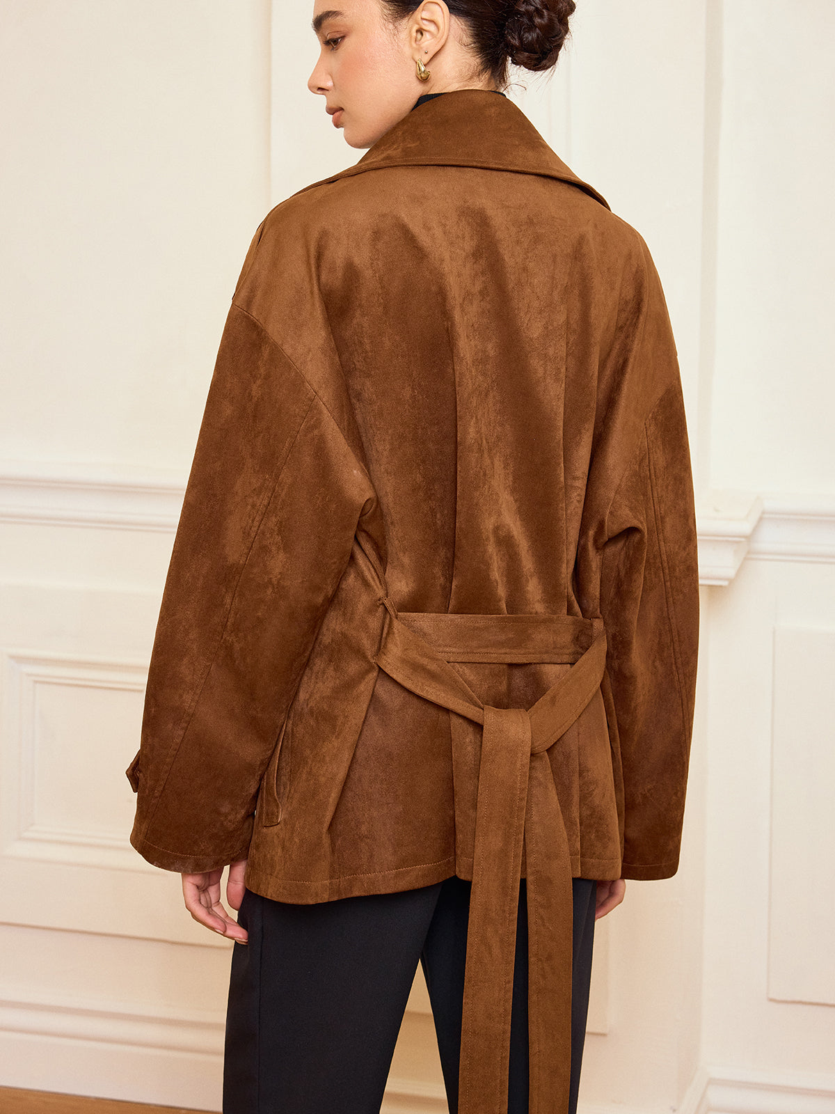 Lapel Suede Effect Belted Trench Coat