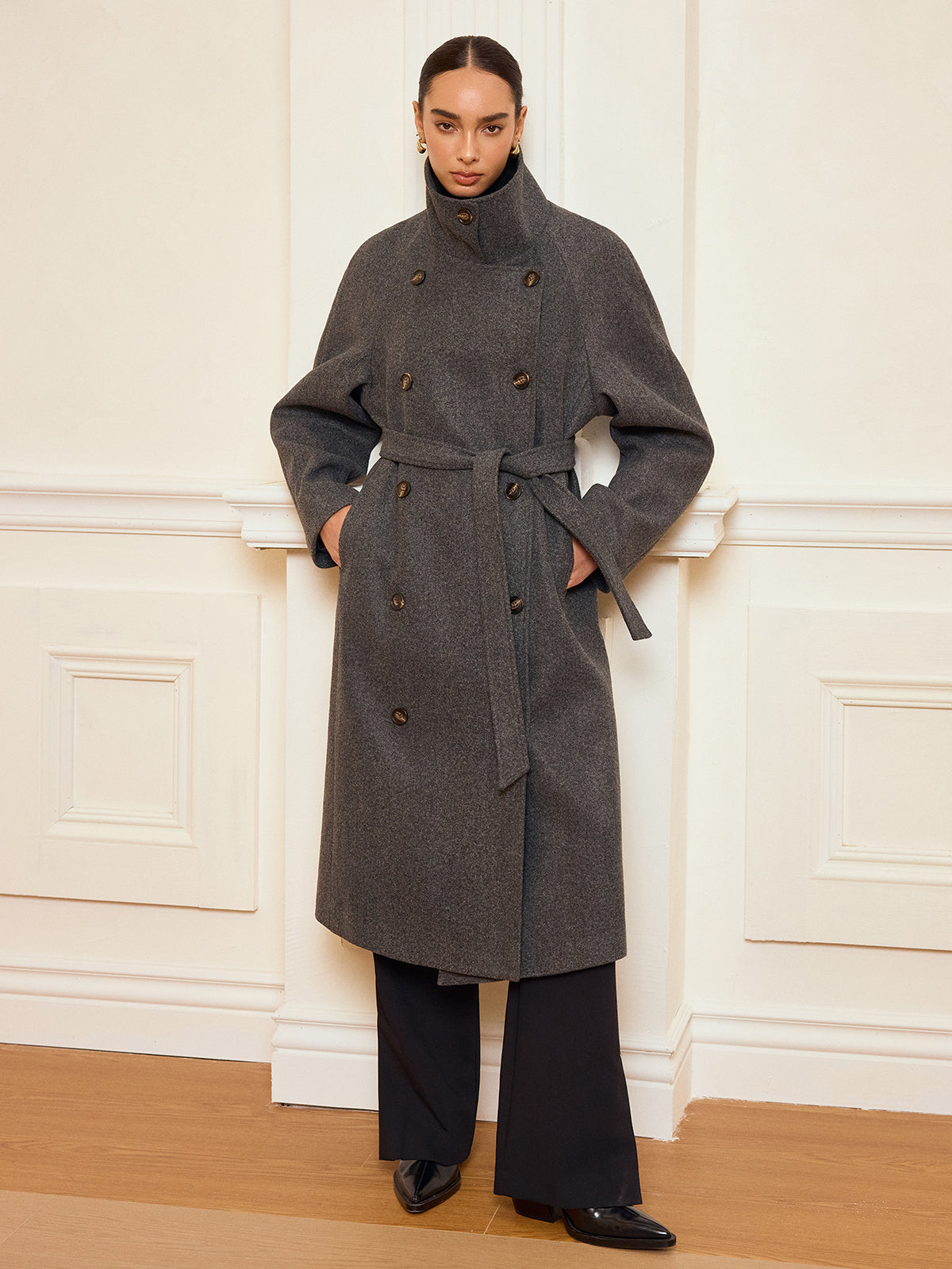 Belted Double-Breasted Tweed Long Coat