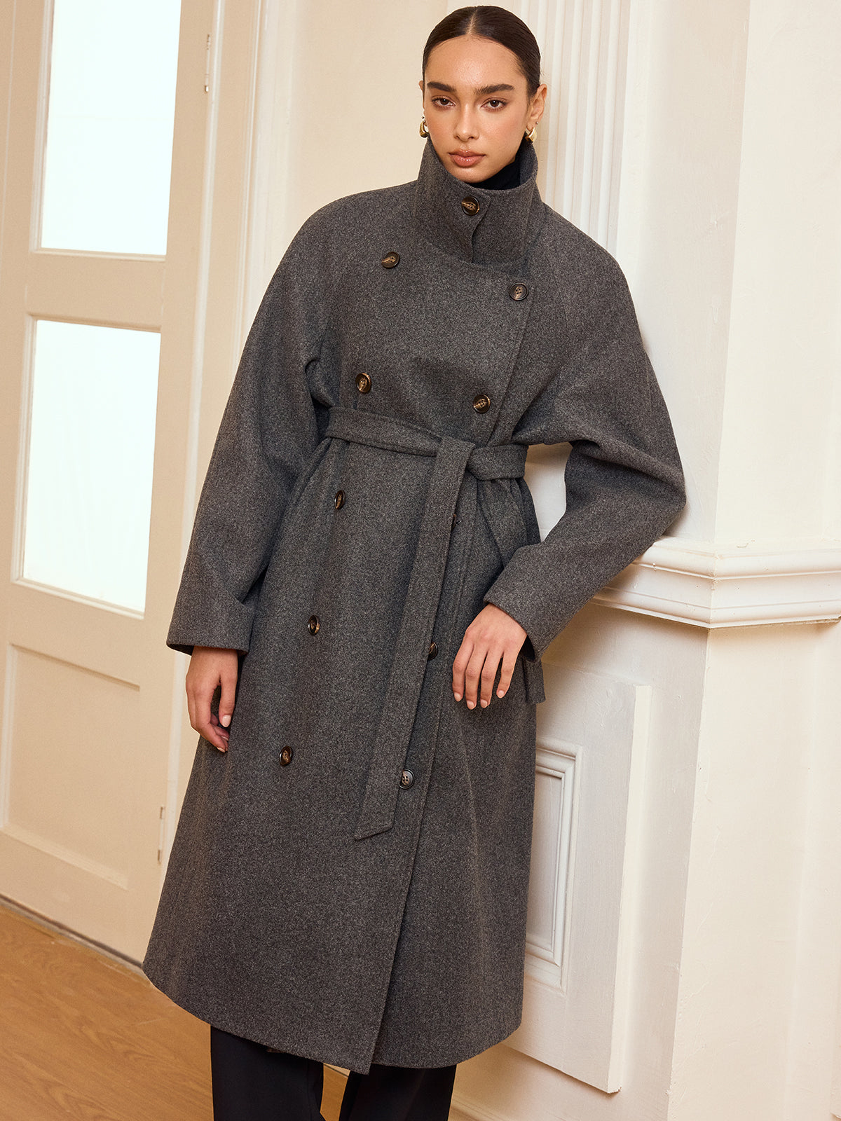 Belted Double-Breasted Tweed Long Coat