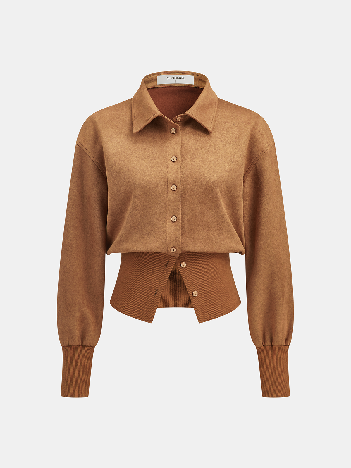 Cinched Waist Button-Front Suede Effect Shirt