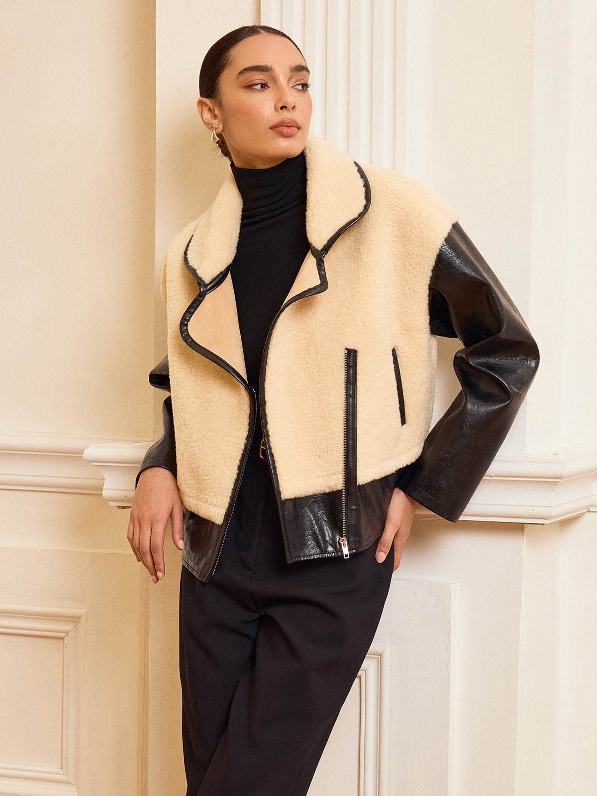 Faux Leather Panel Shearling Jacket