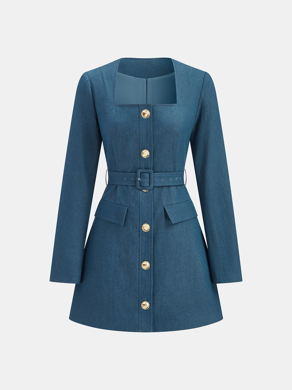 Minikleid mit eckigem Ausschnitt, Gürtel und Metallknöpfen