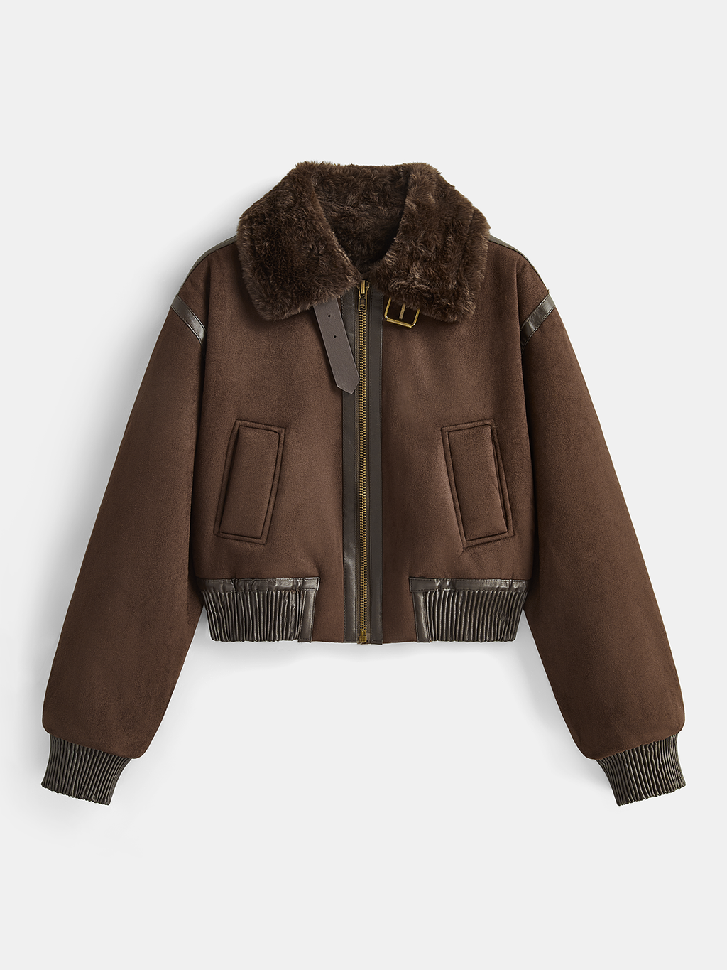 Kurzjacke aus Lammfellimitat mit Kunstlederbesatz