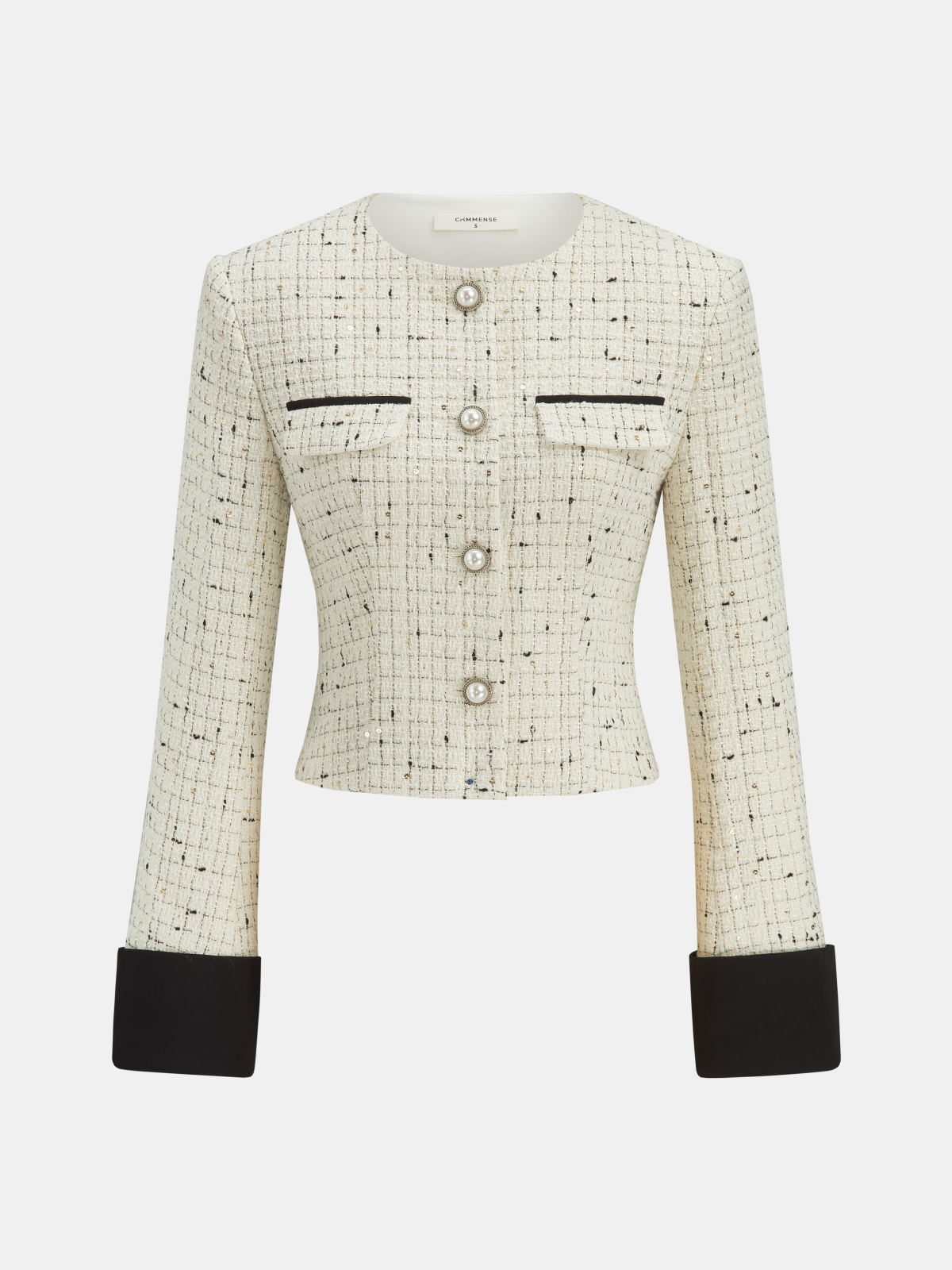 Contrast Cuff Pearl Button Tweed Jacket