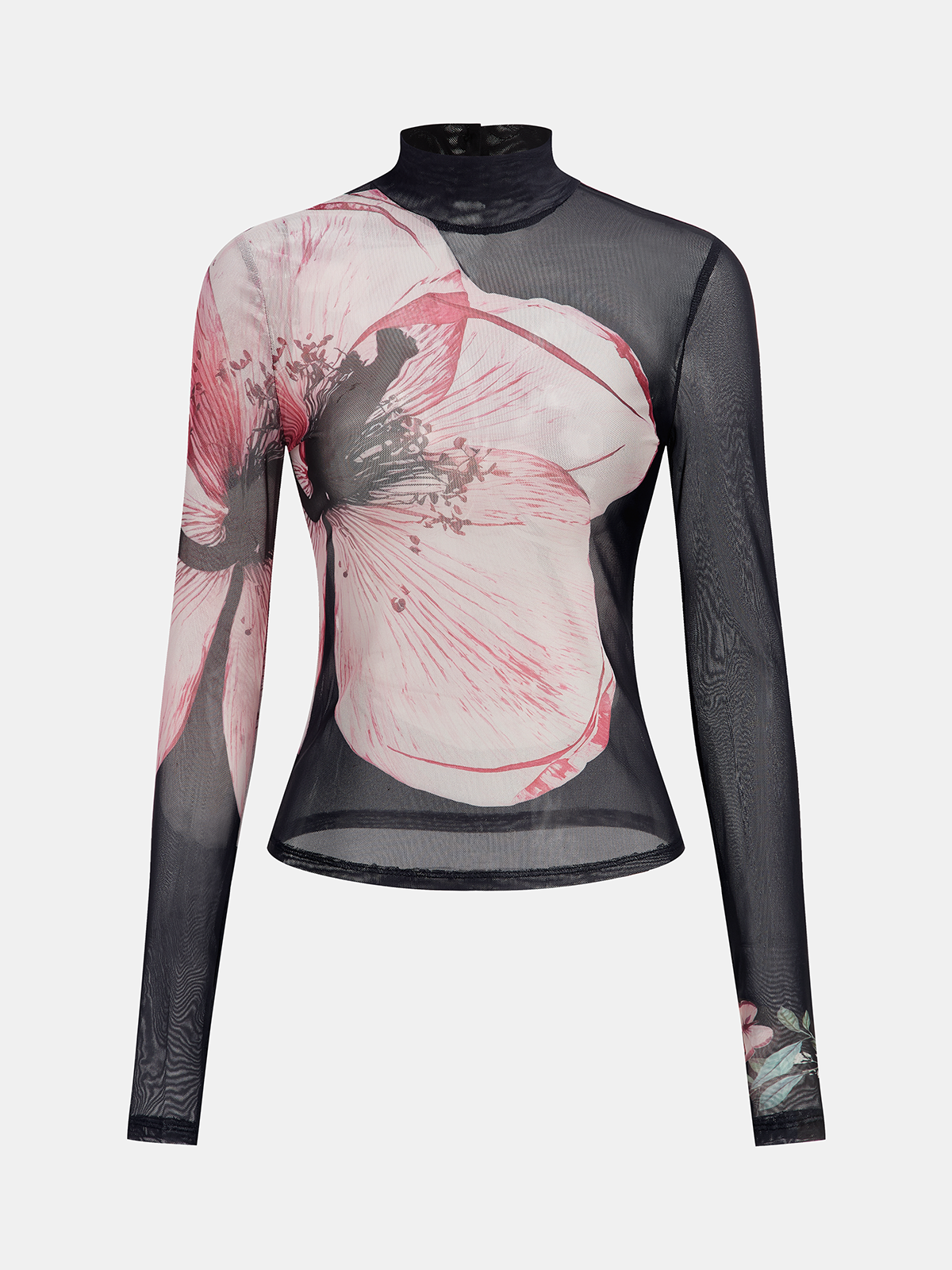 Haut fleuri à col montant en maille transparente 