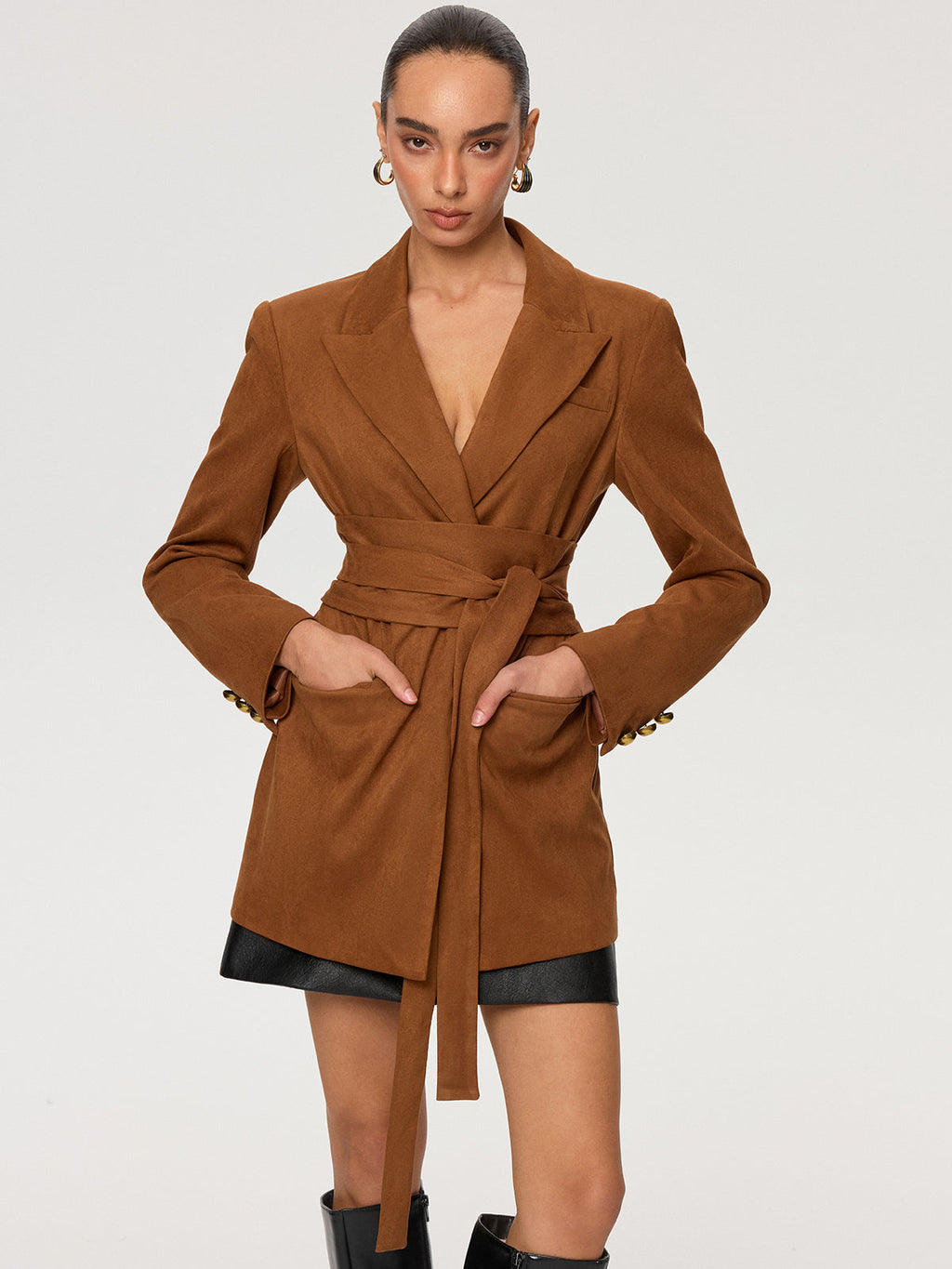 Wildleder-Effekt Blazer mit Bindegürtel