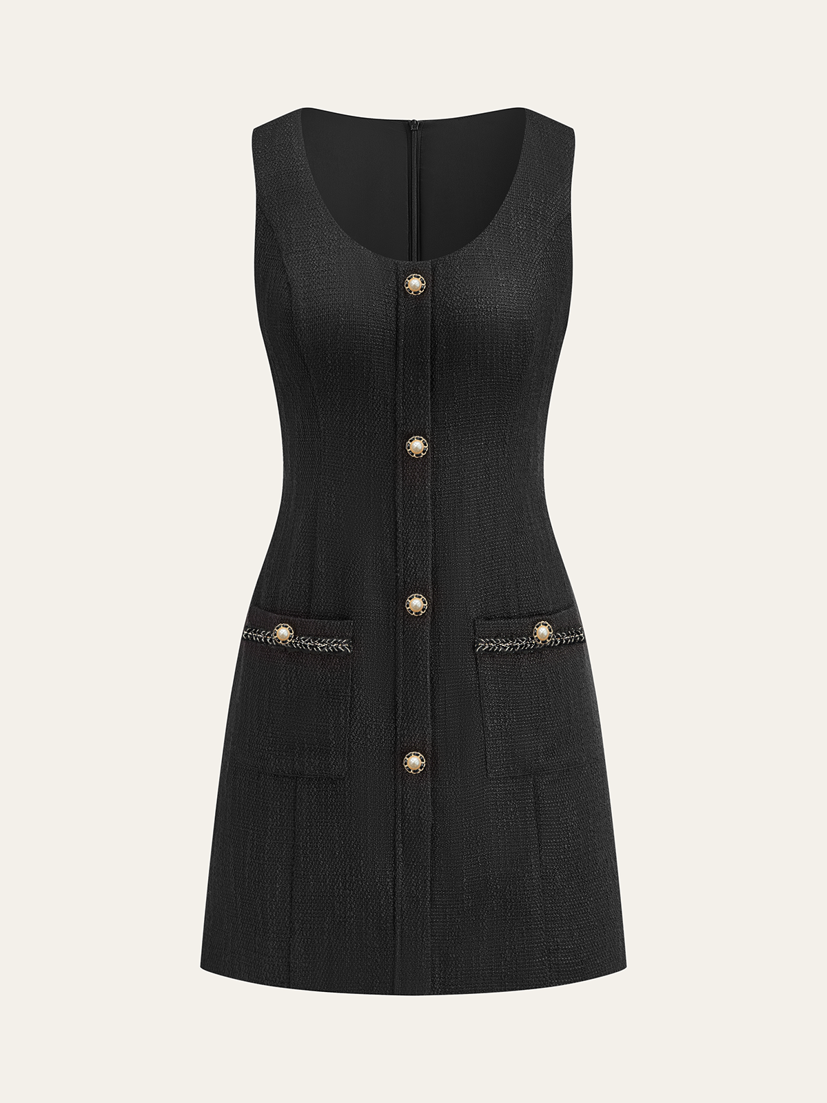 Robe mini boutonnée sans manches en tweed 