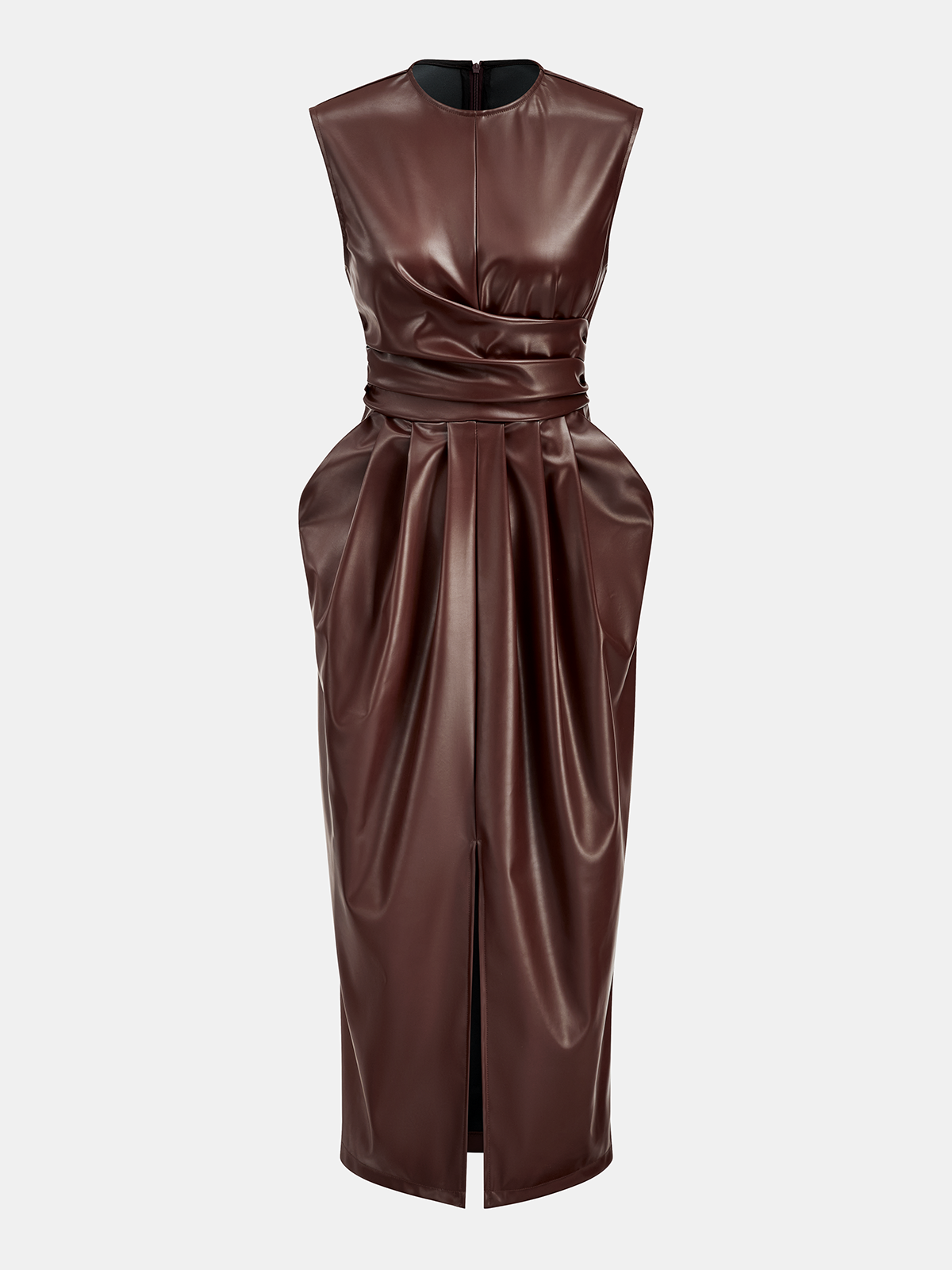 Ärmelloses Midikleid aus PU-Leder mit Schlitz und Drapierung