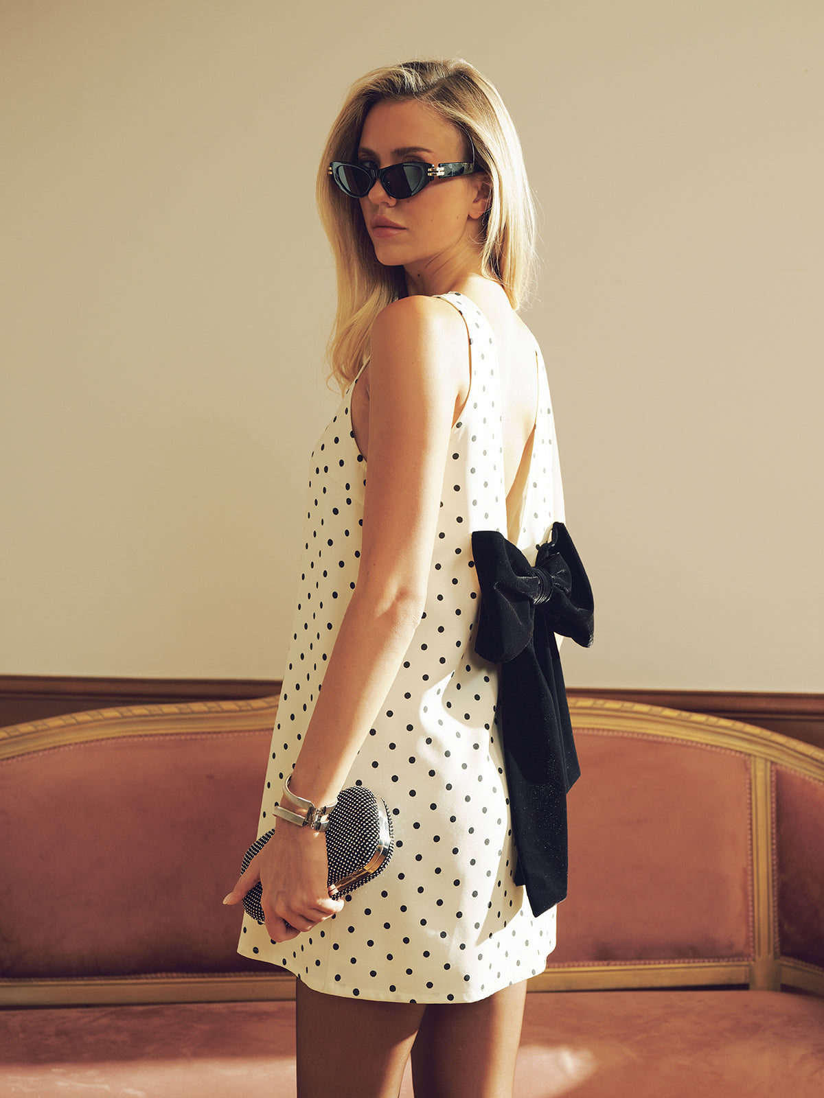 Polka Dot Mini Dress with Back Bow Detail
