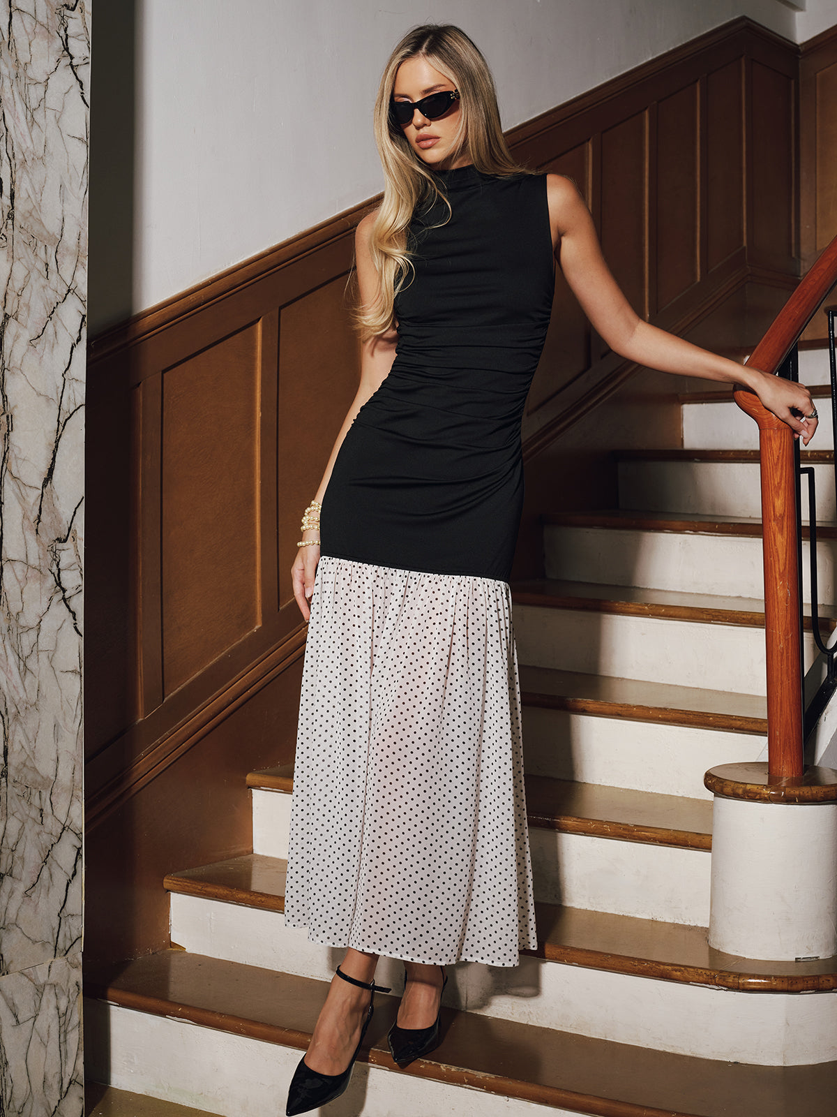 Polka Dot Hem Panel Sleeveless Ruched Maxi Dress
