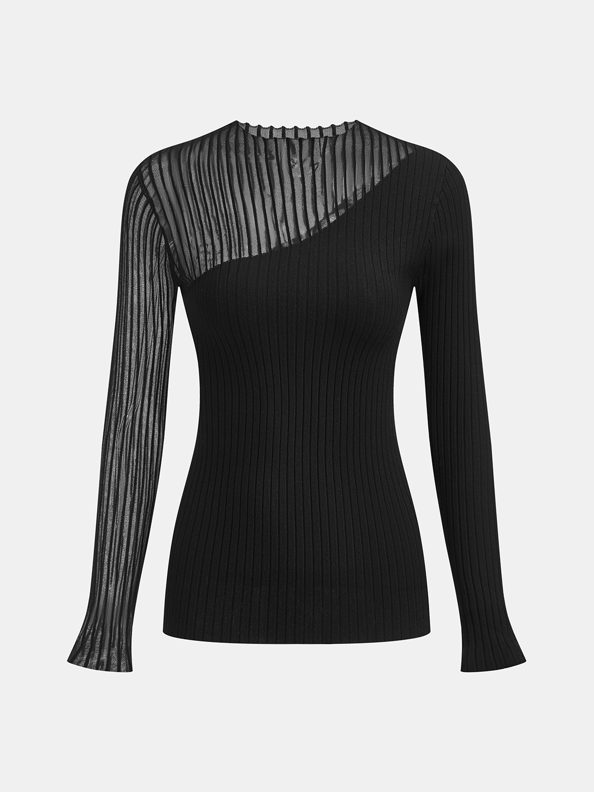 Asymmetric Sheer Mesh Panel Rib-Knit Top
