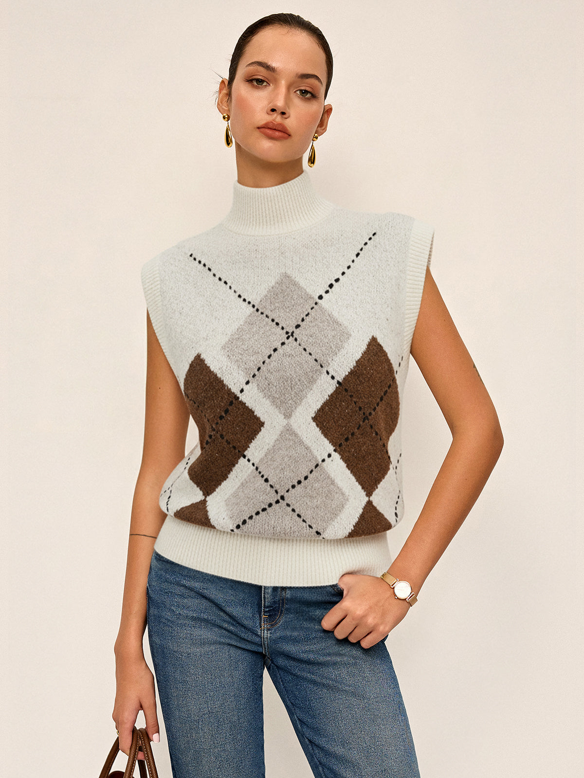 Argyle-Rollkragen-Strickweste