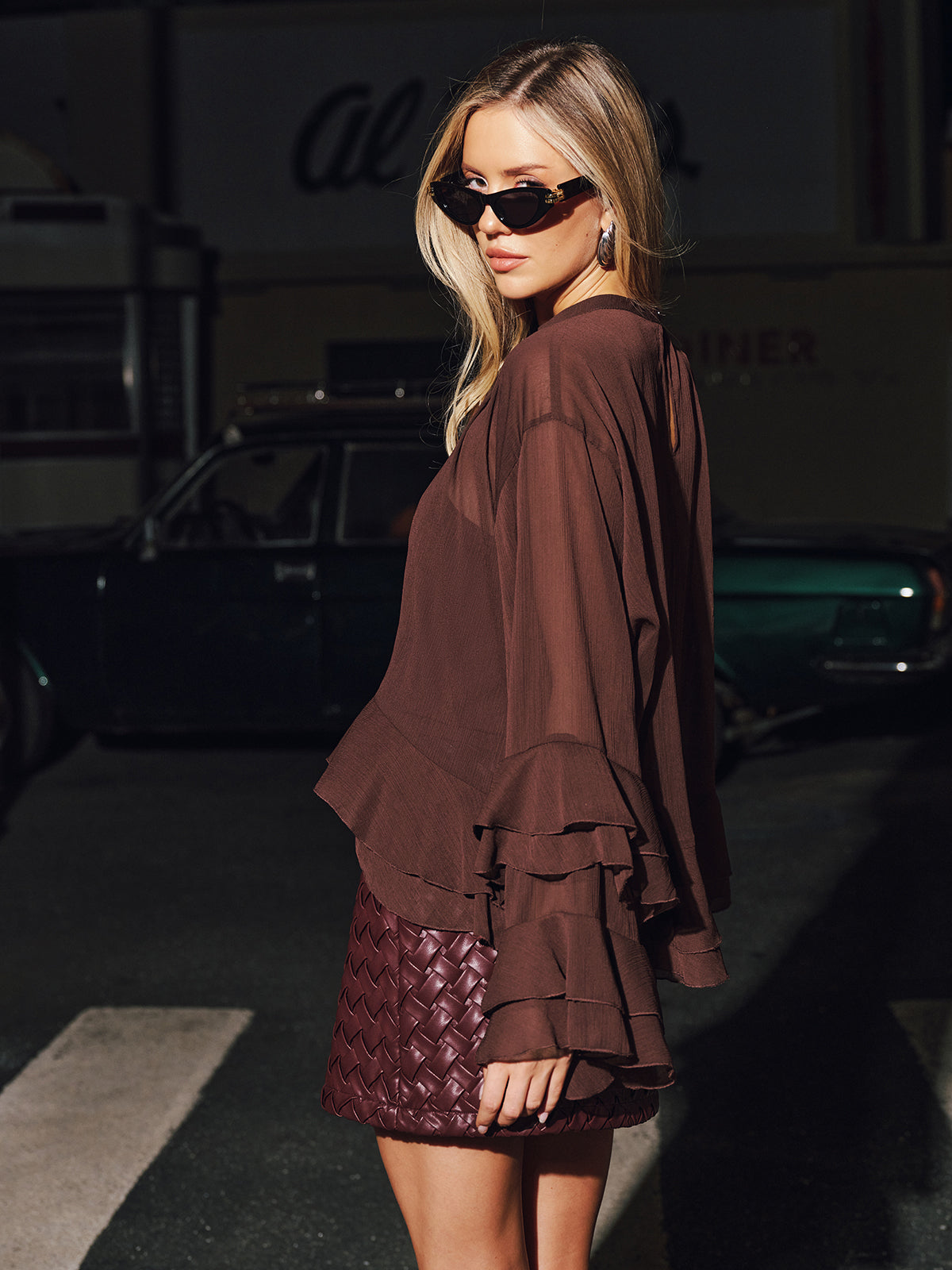 Tiered Ruffle Semi-Sheer Chiffon Blouse