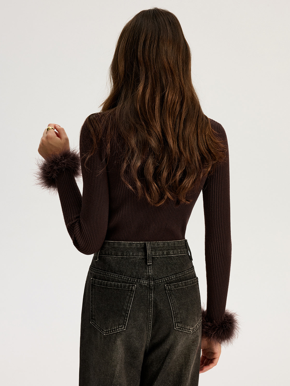 Faux Fur Cuff Ribbed Knit Top
