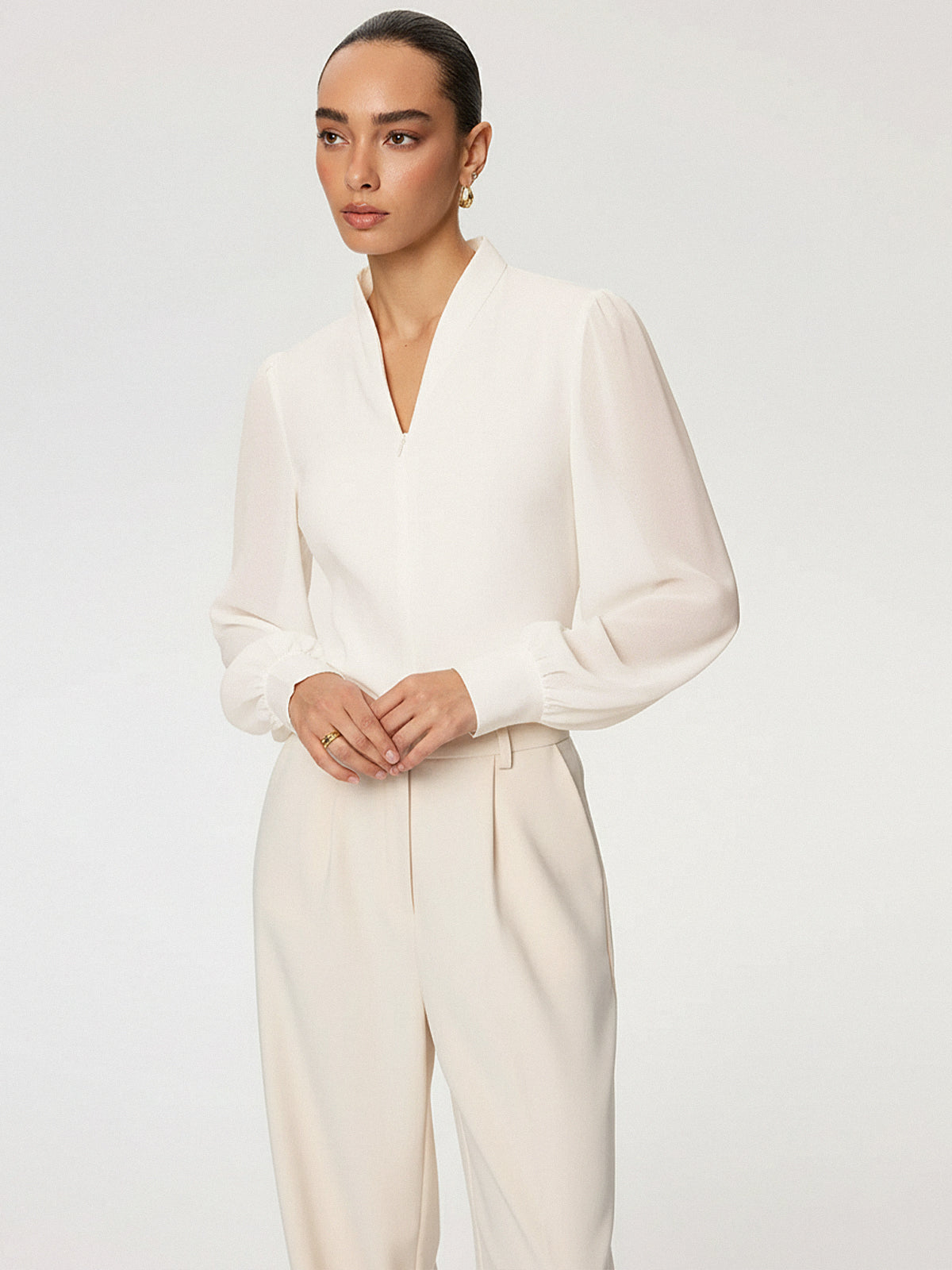 Zip Detail Chiffon Sleeves Blouse