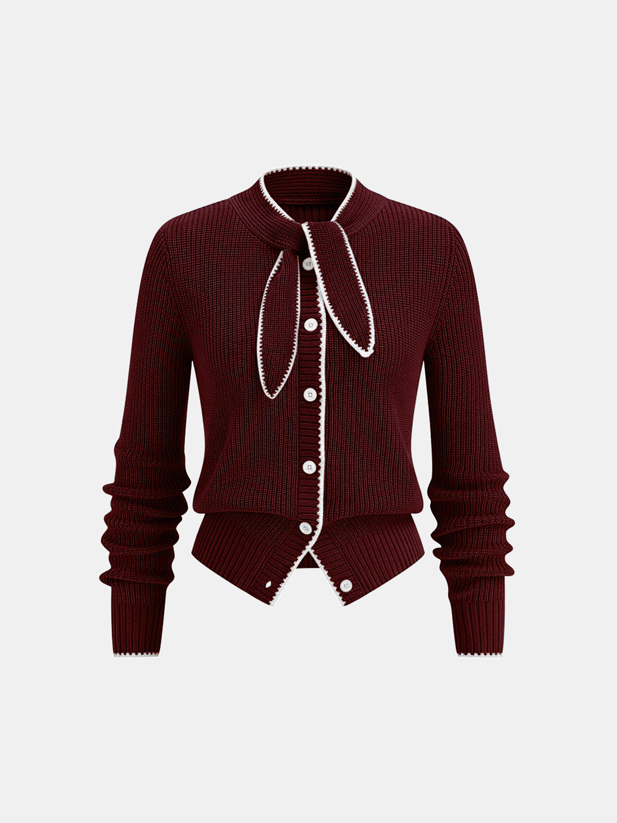Tie Neck Contrast Trim Wool Blend Cardigan