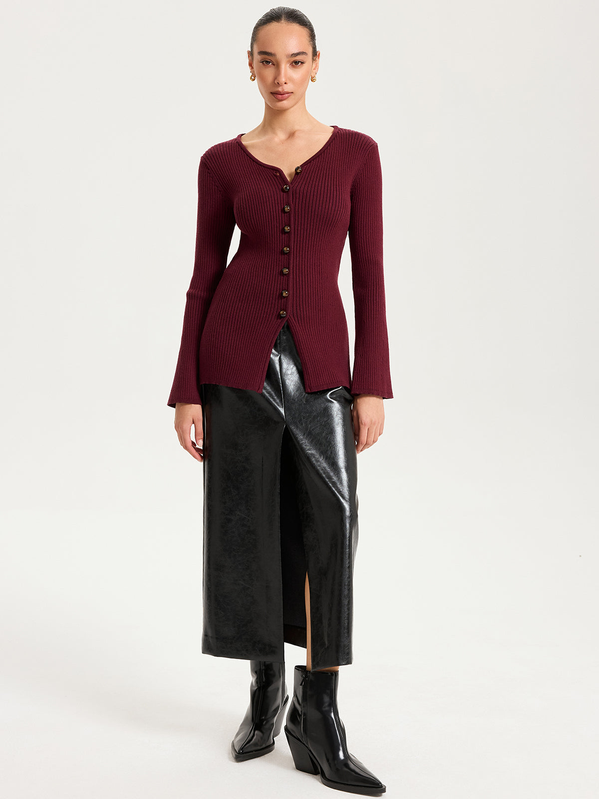 Button-Front Ribbed Knit Top