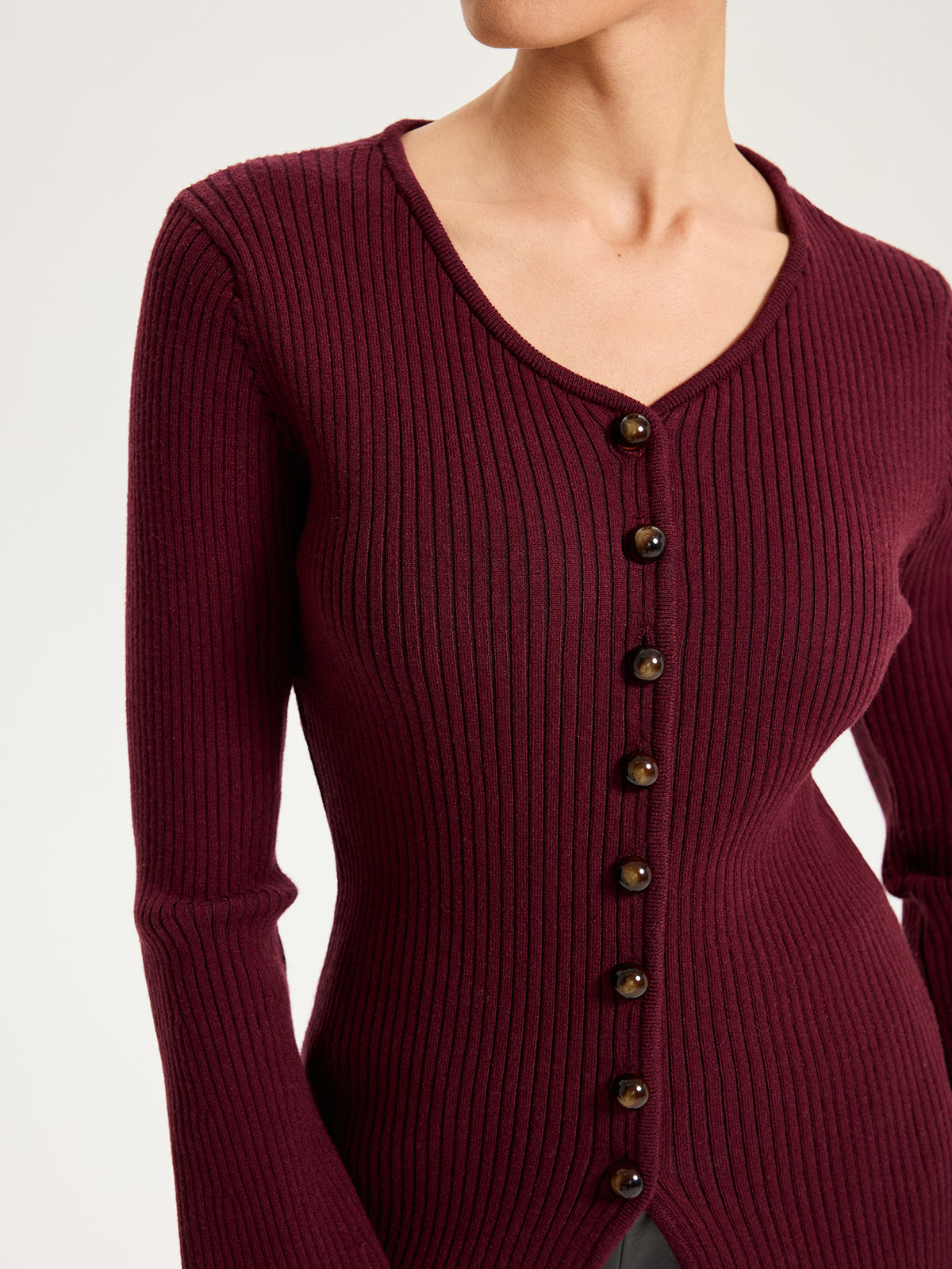 Button-Front Ribbed Knit Top