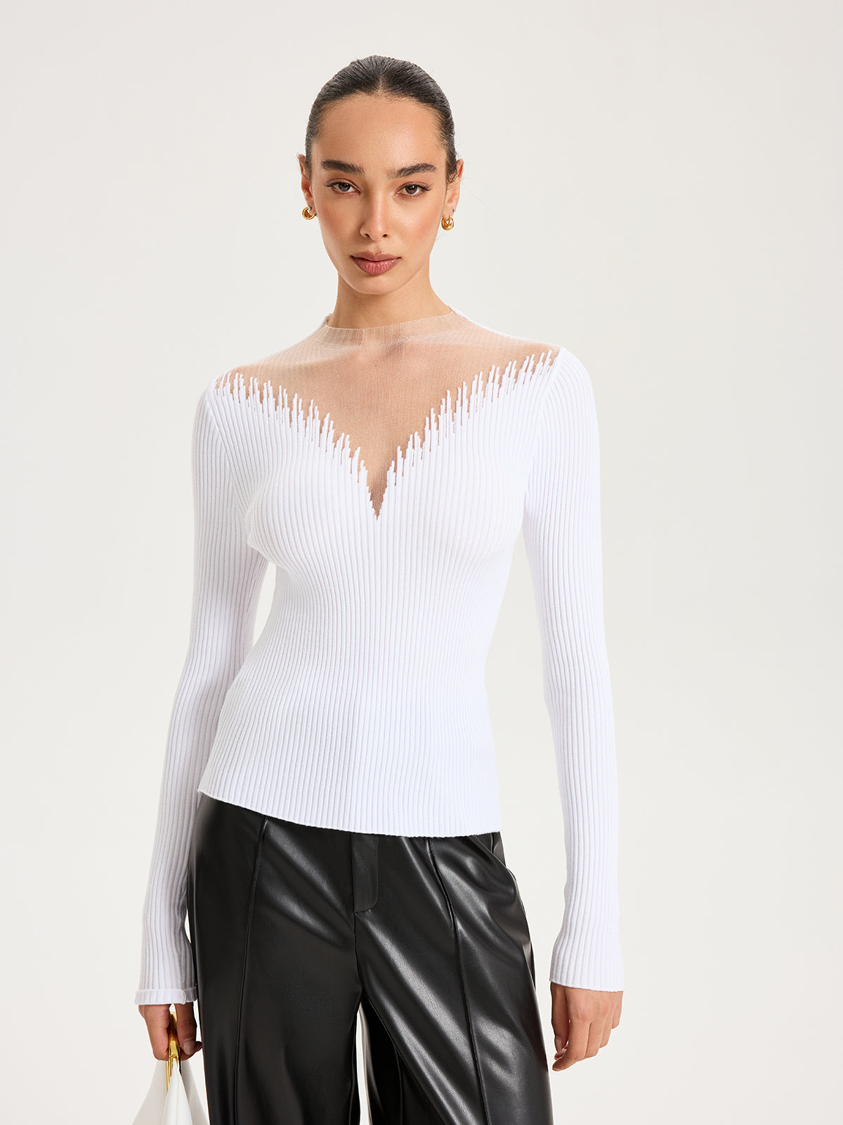 Sheer Mesh Panel Ribbed Knit Top