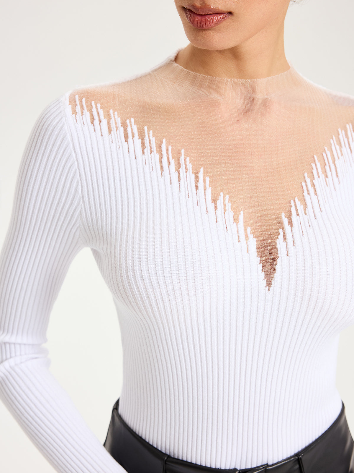 Sheer Mesh Panel Ribbed Knit Top