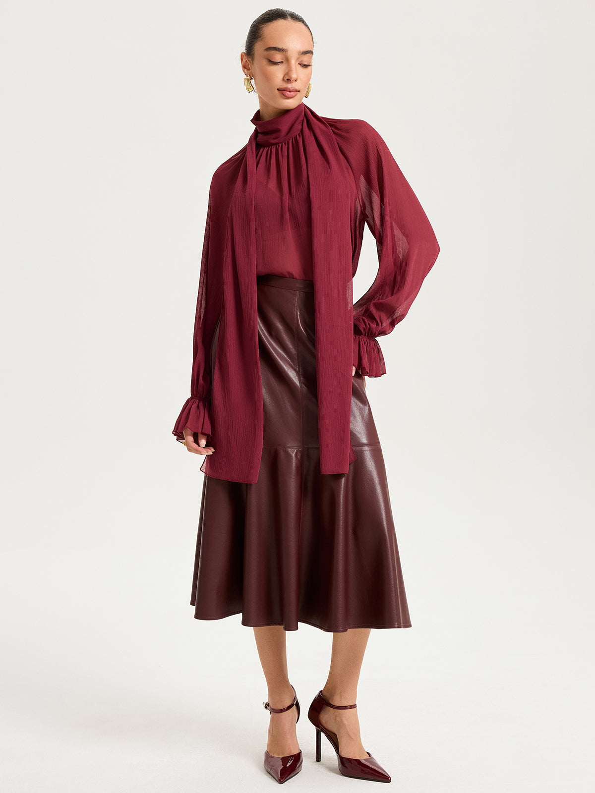 Scarf Neck Semi-Sheer Chiffon Blouse