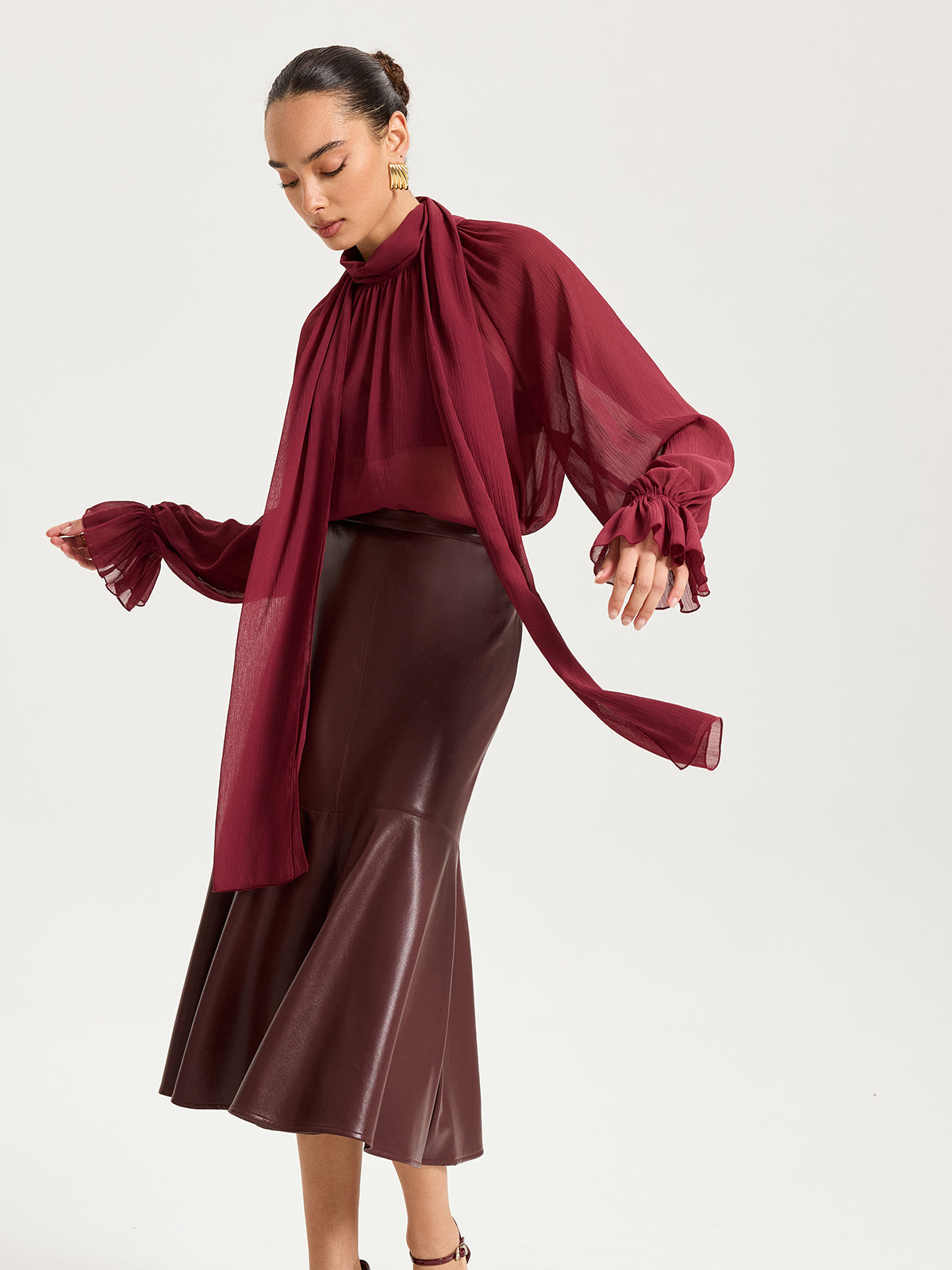 Scarf Neck Semi-Sheer Chiffon Blouse