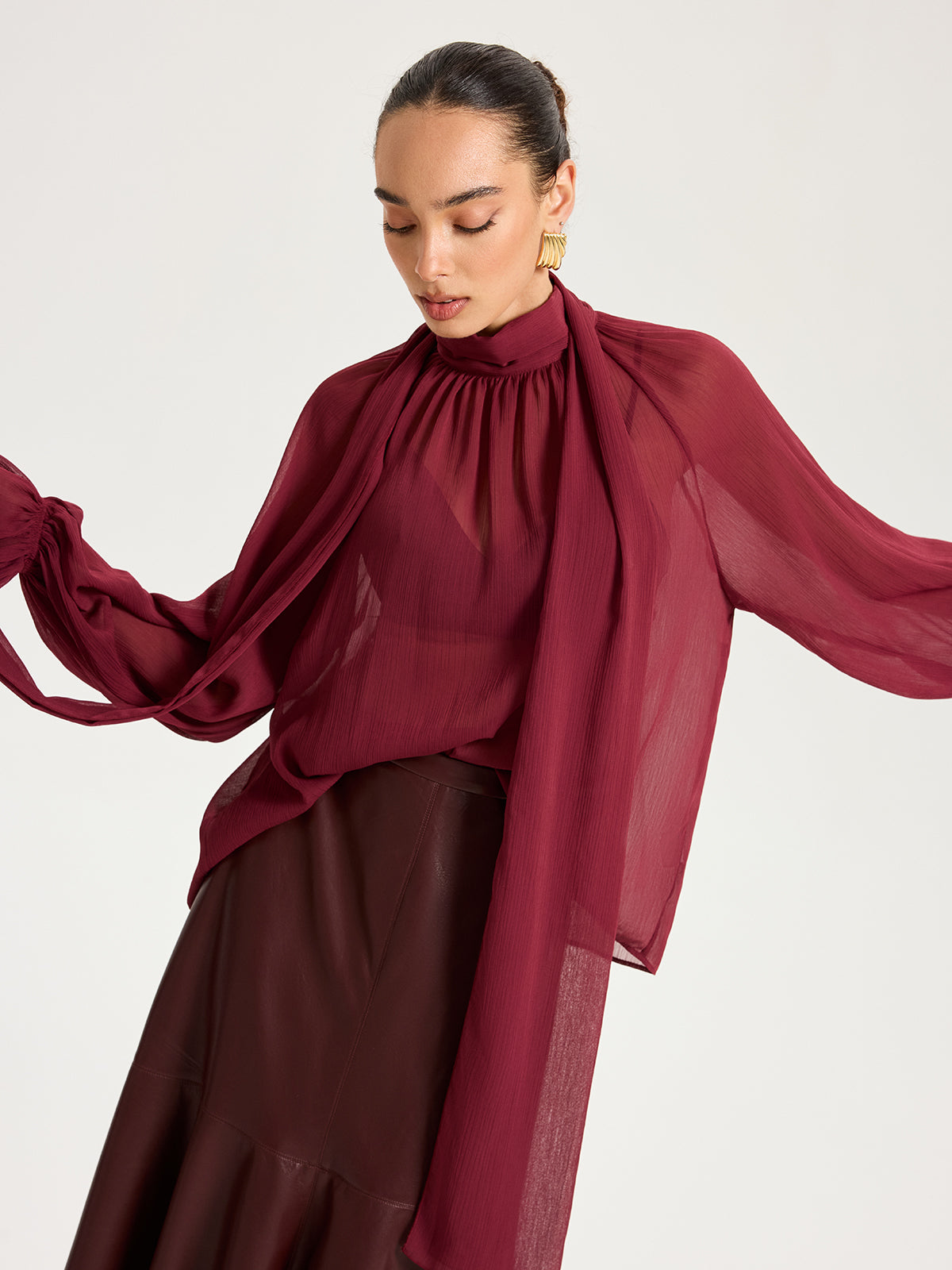 Scarf Neck Semi-Sheer Chiffon Blouse