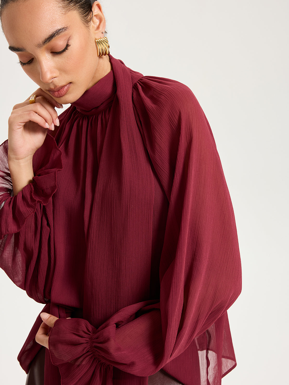 Scarf Neck Semi-Sheer Chiffon Blouse