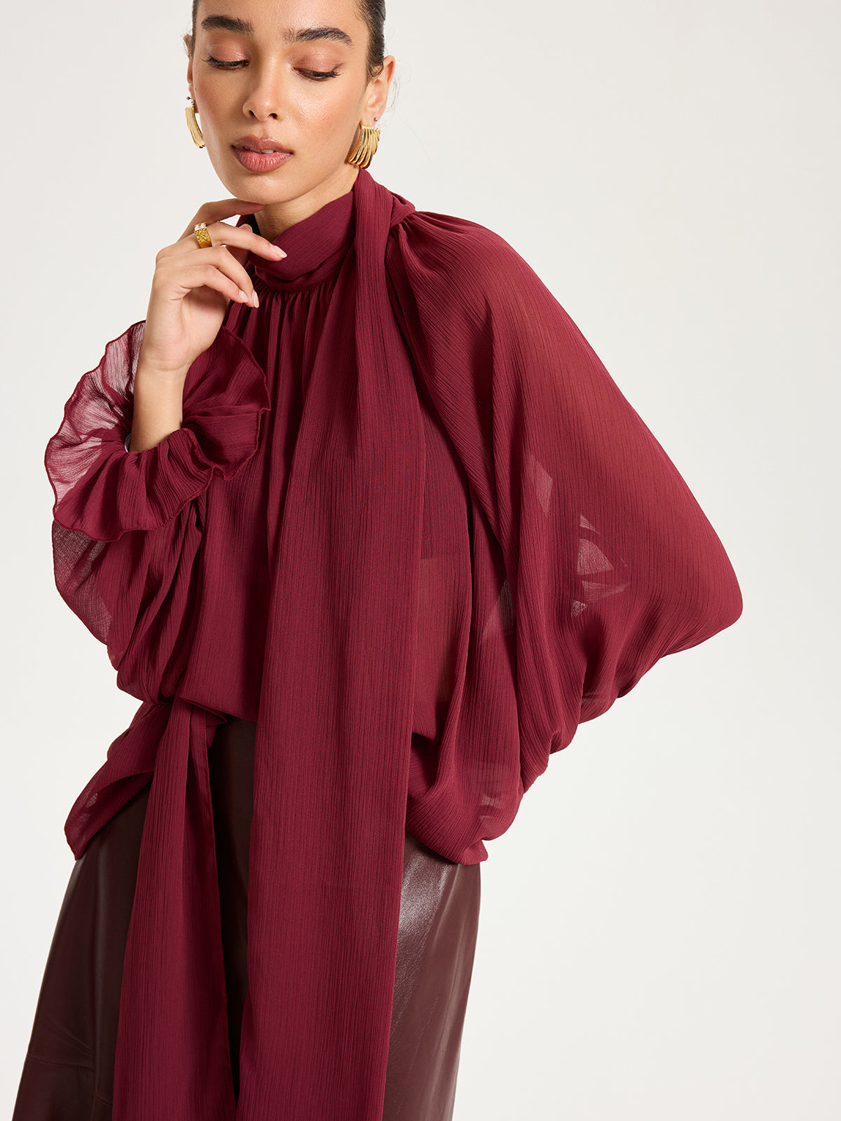 Scarf Neck Semi-Sheer Chiffon Blouse